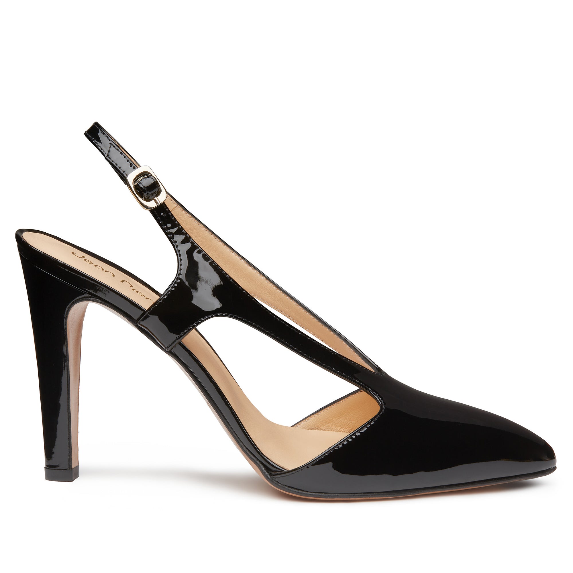 Tacones stilettos metálicos para dama con correa ajustable y acabado en charol