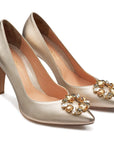 Zapatillas de fiesta para dama, con broche de cristales y tacón alto