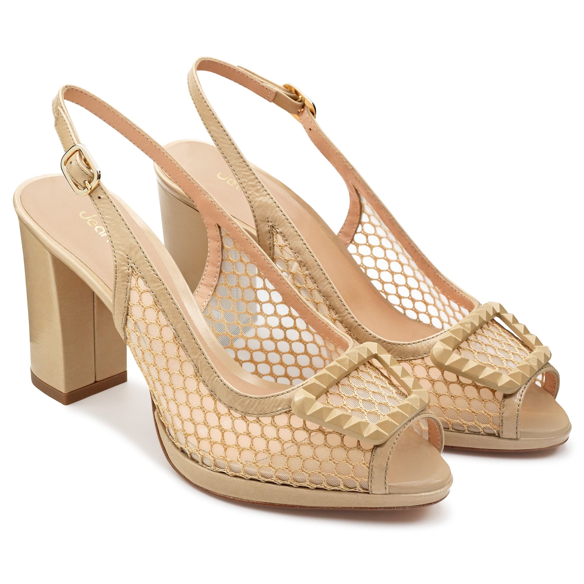 Sandalias de charol con tacón alto y textil semitransparente para mujer
