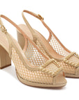 Sandalias de charol con tacón alto y textil semitransparente para mujer