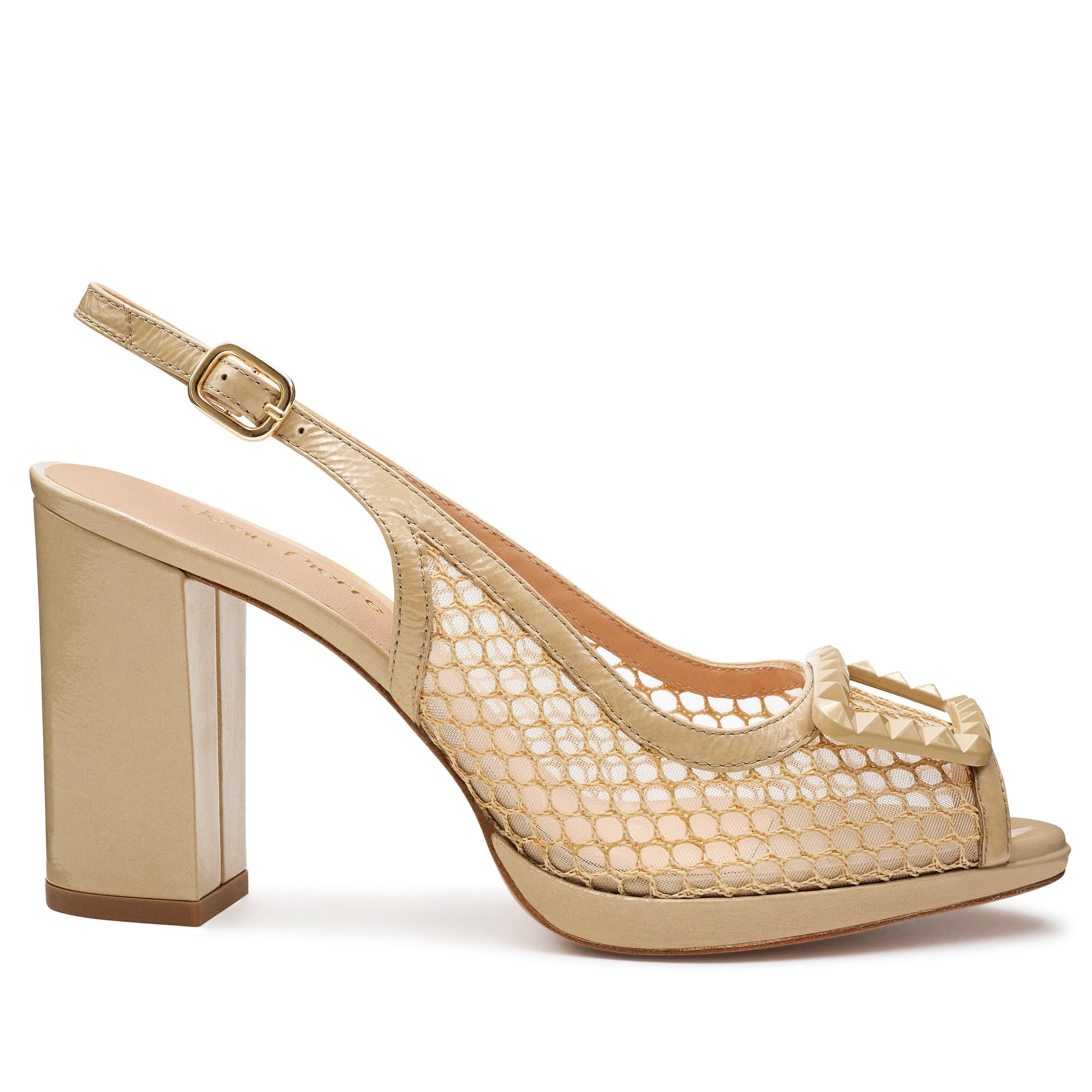 Sandalias de charol con tacón alto y textil semitransparente para mujer