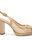Sandalias de charol con tacón alto y textil semitransparente para mujer