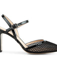Zapatillas tipo slingback de tacón alto con malla textil y charol para mujer