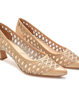 Zapatillas de piel beige de tacón cuadrado para mujer
