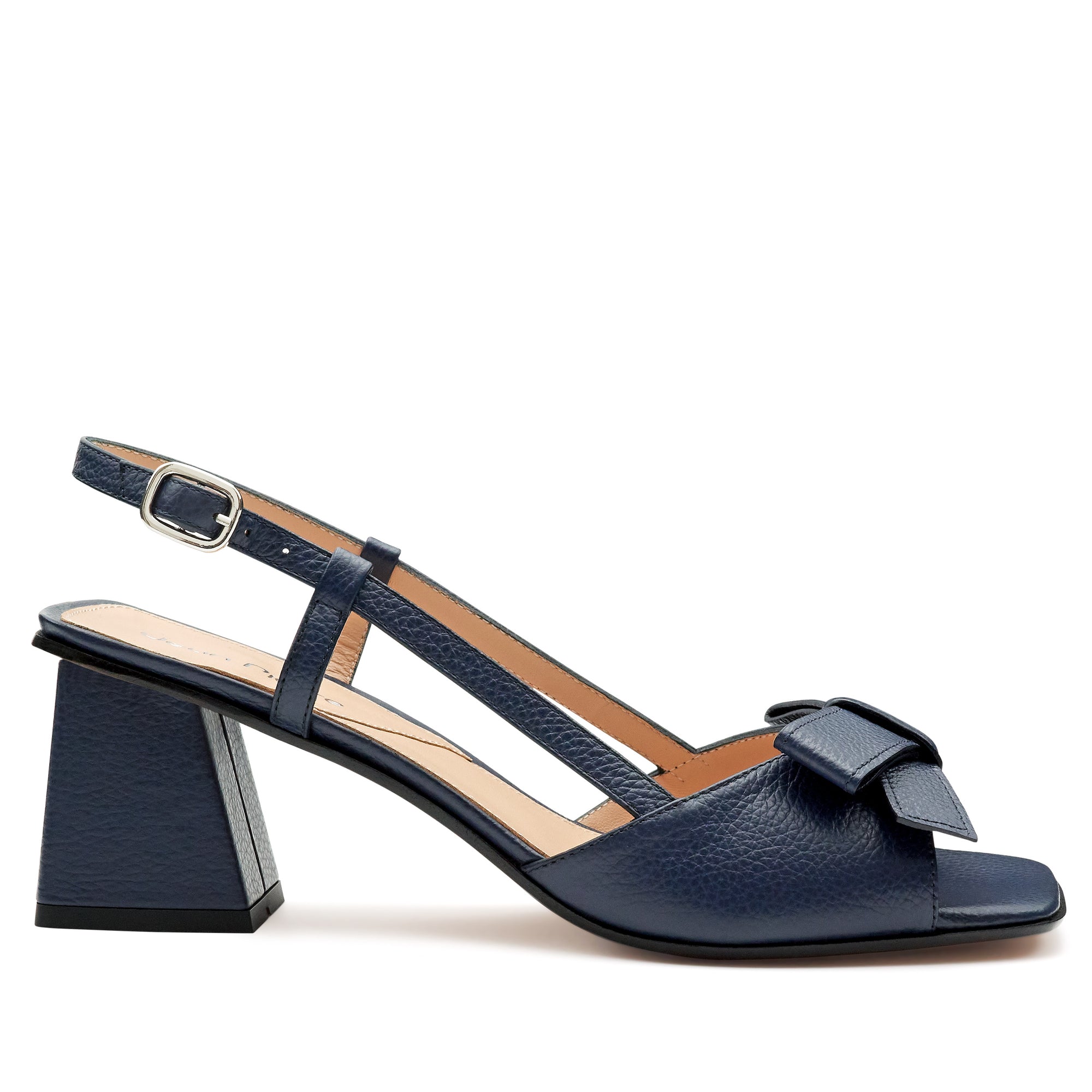 Sandalias de piel azul marino con moño en empeine  y tacón medio para mujer