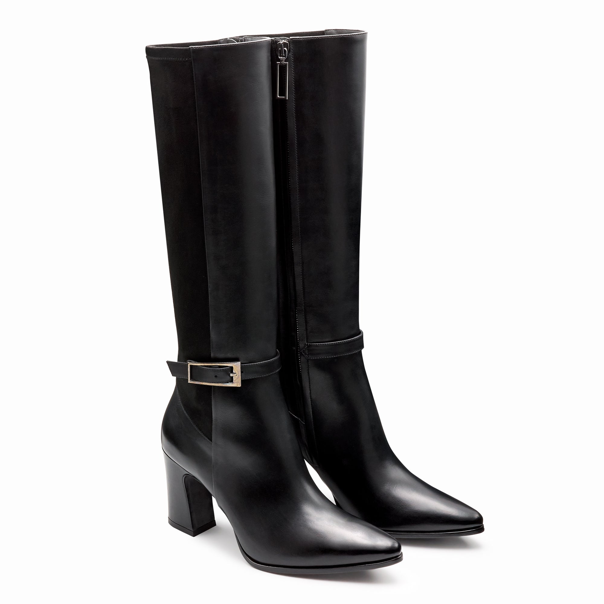 Botas altas de piel y gamuza de tacón alto para dama