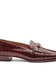 Mocasines de piel café y hebilla metálica para dama
