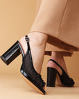 Sandalias de charol con tacón alto y textil semitransparente para mujer