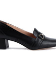 Zapatillas de piel para dama con hebilla estilo mocasín y tacón medio