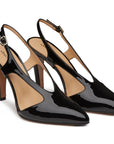 Tacones stilettos metálicos para dama con correa ajustable y acabado en charol