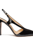 Tacones stilettos metálicos para dama con correa ajustable y acabado en charol