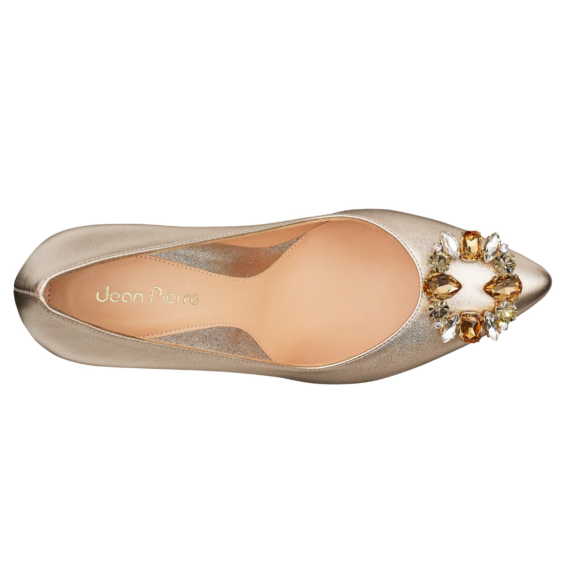 Zapatillas doradas de fiesta para dama con broche de cristales