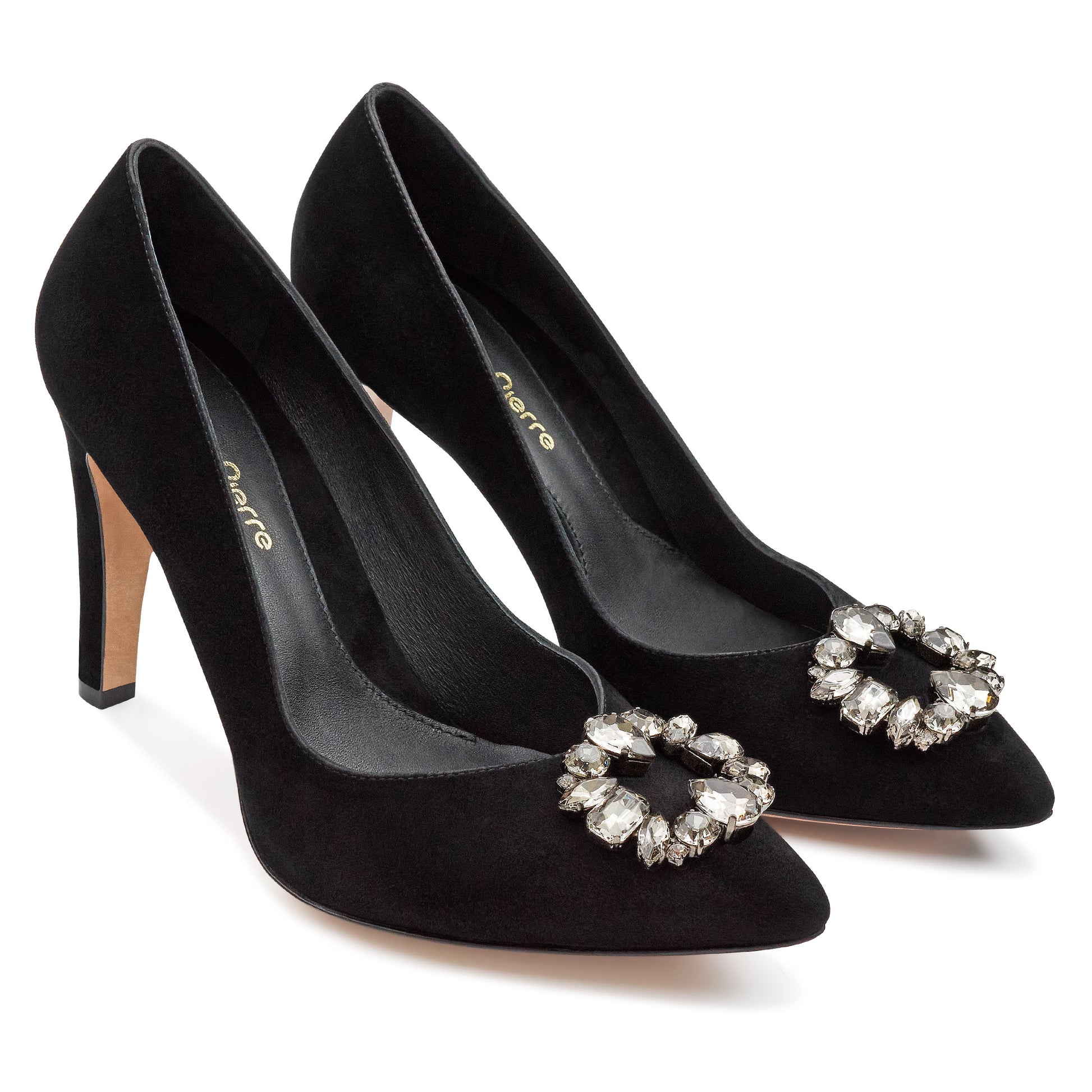 Zapatillas negras de fiesta para dama con broche de cristales