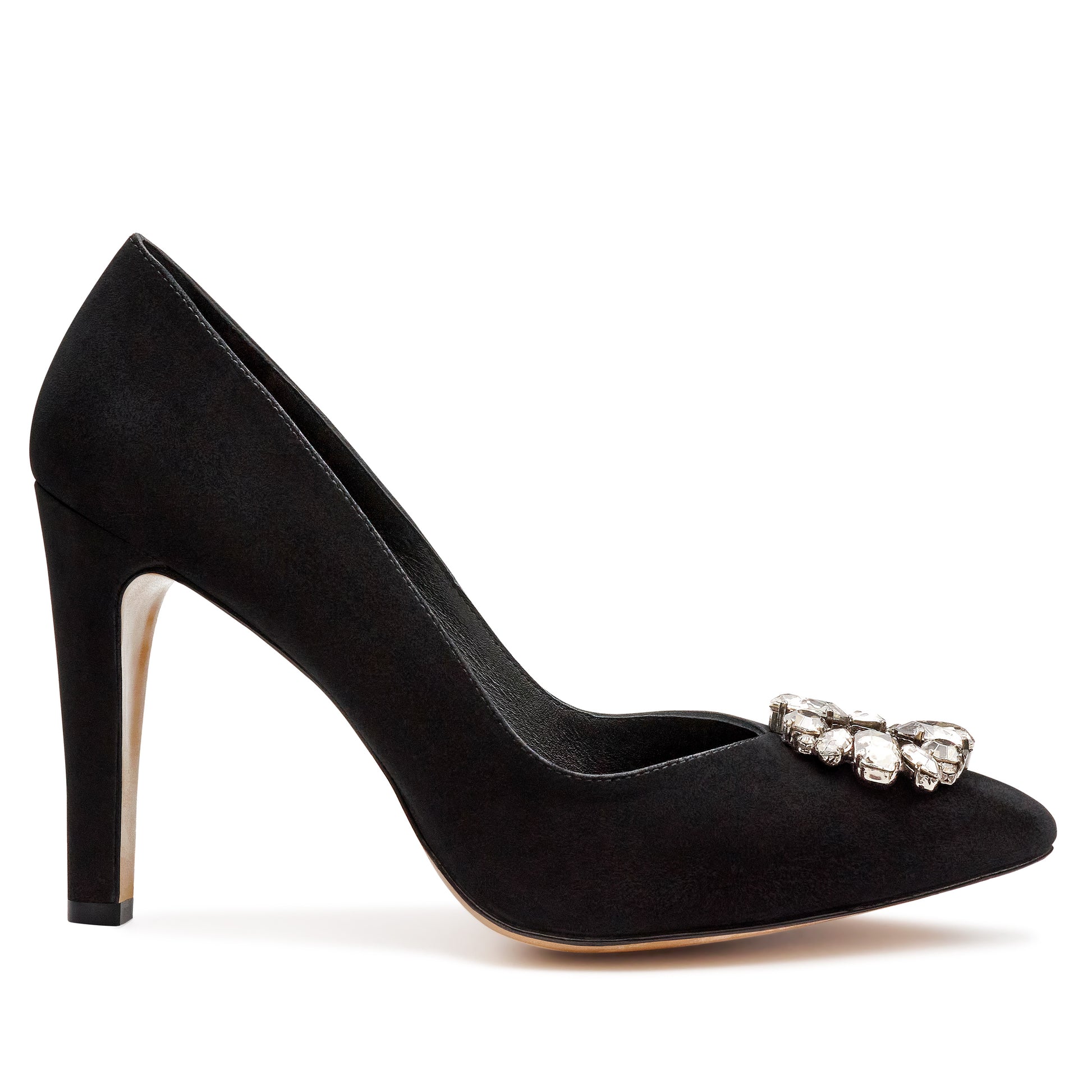 Zapatillas negras de fiesta para dama con broche de cristales
