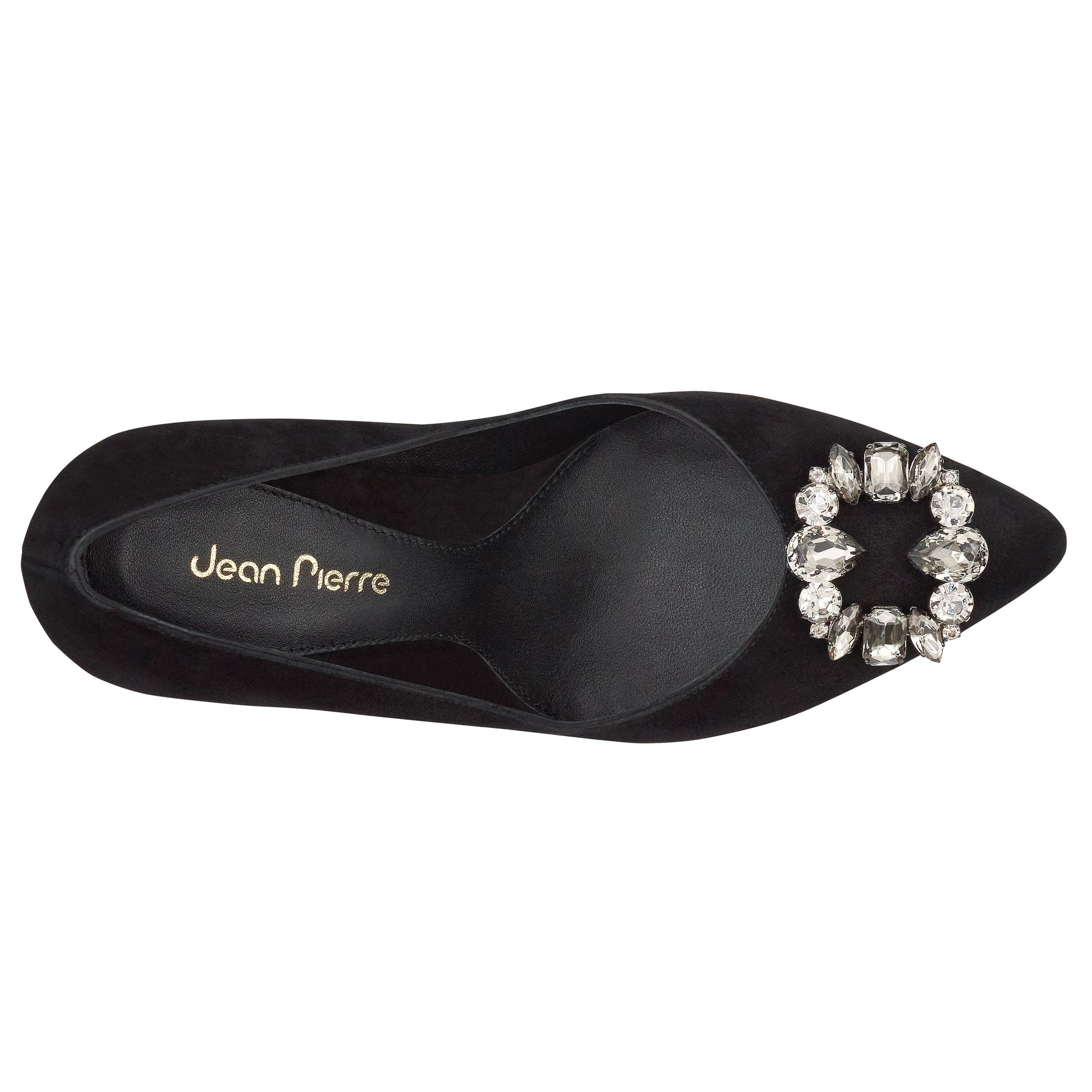 Zapatillas negras de fiesta para dama con broche de cristales