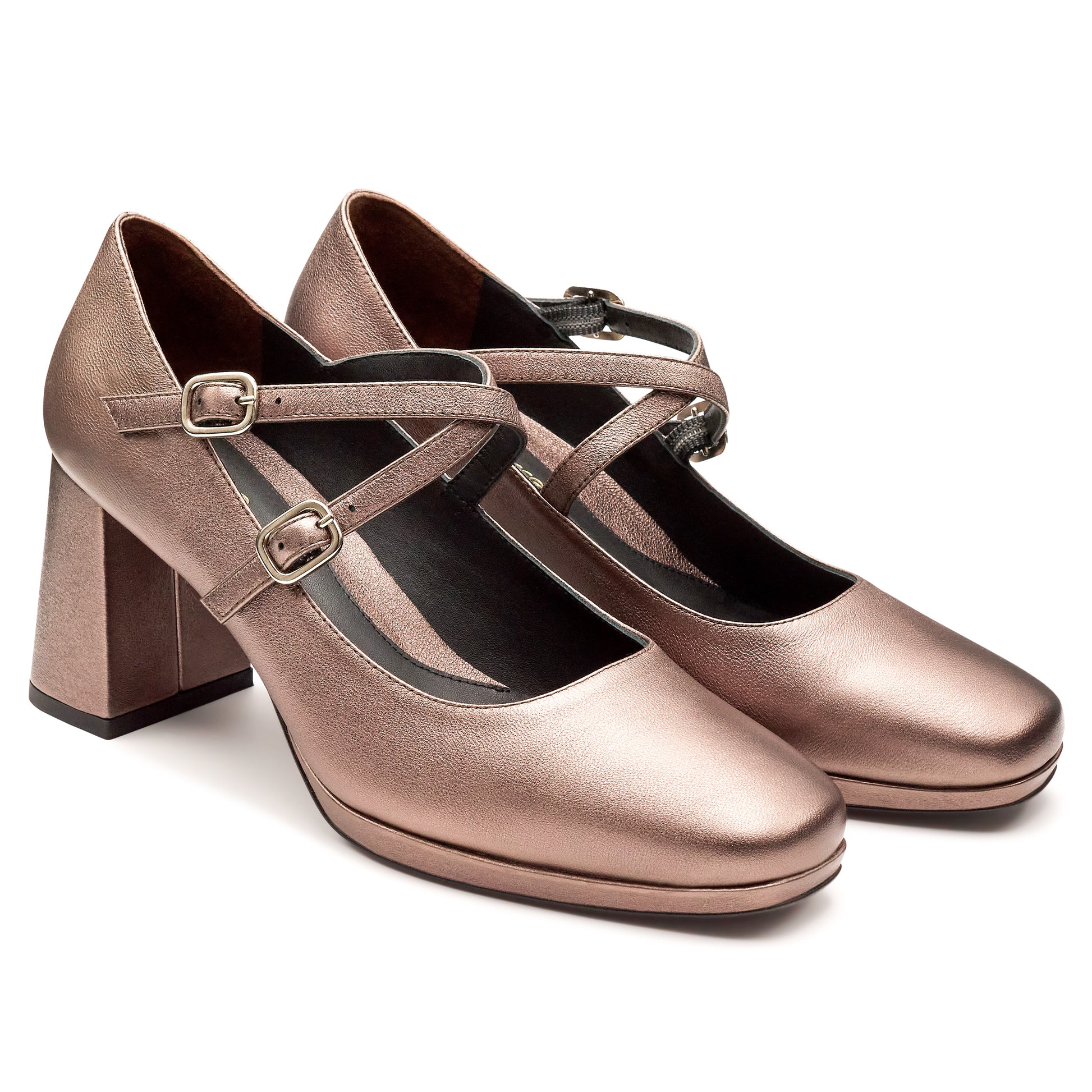 Zapatilla de tacón estilo mary jane metalizada y doble correa cruzada para mujer