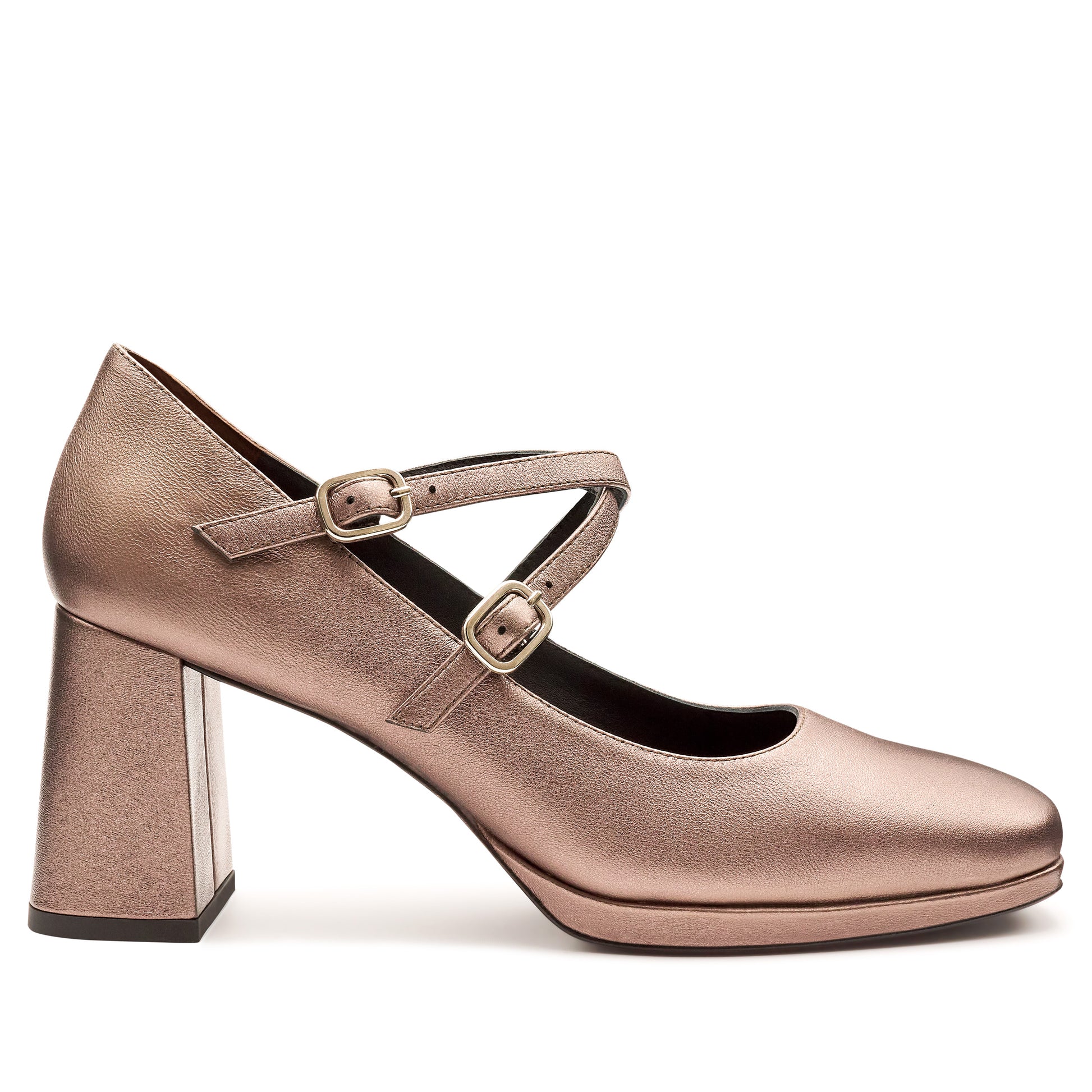 Zapatilla de tacón estilo mary jane metalizada y doble correa cruzada para mujer
