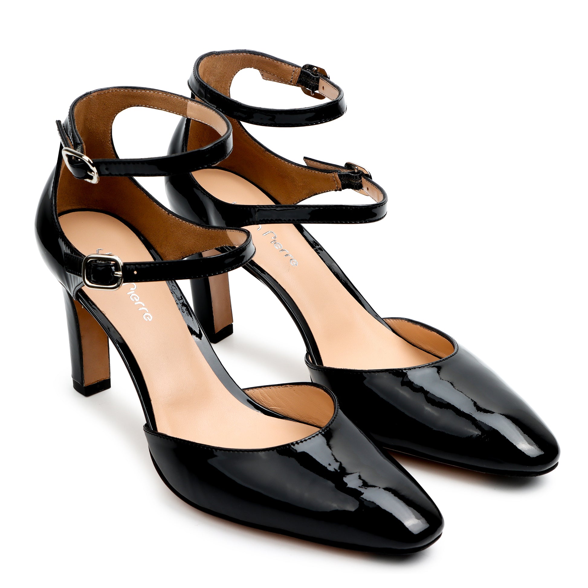 Zapatillas de charol con doble correa y tacón alto para mujer