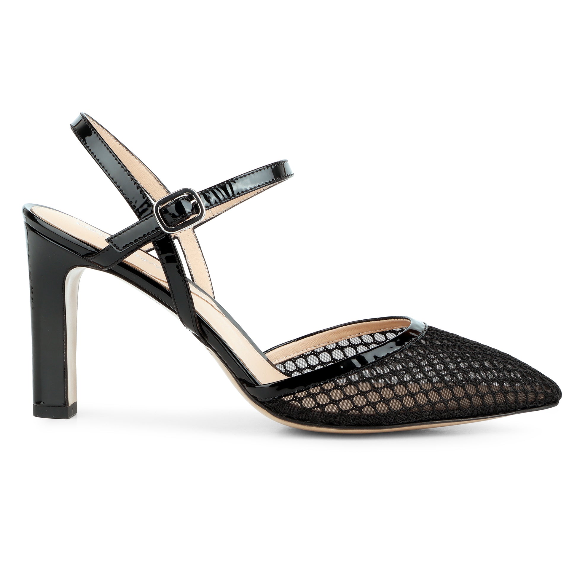 Zapatillas tipo slingback de tacón alto con malla textil y charol para mujer