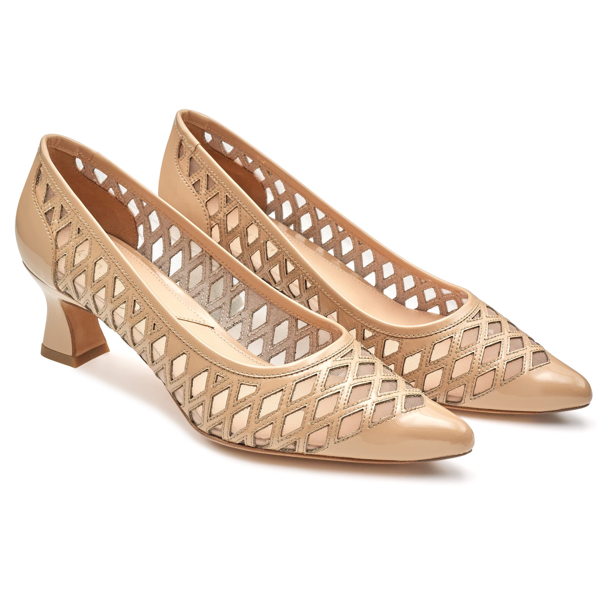Zapatillas de piel beige de tacón cuadrado para mujer