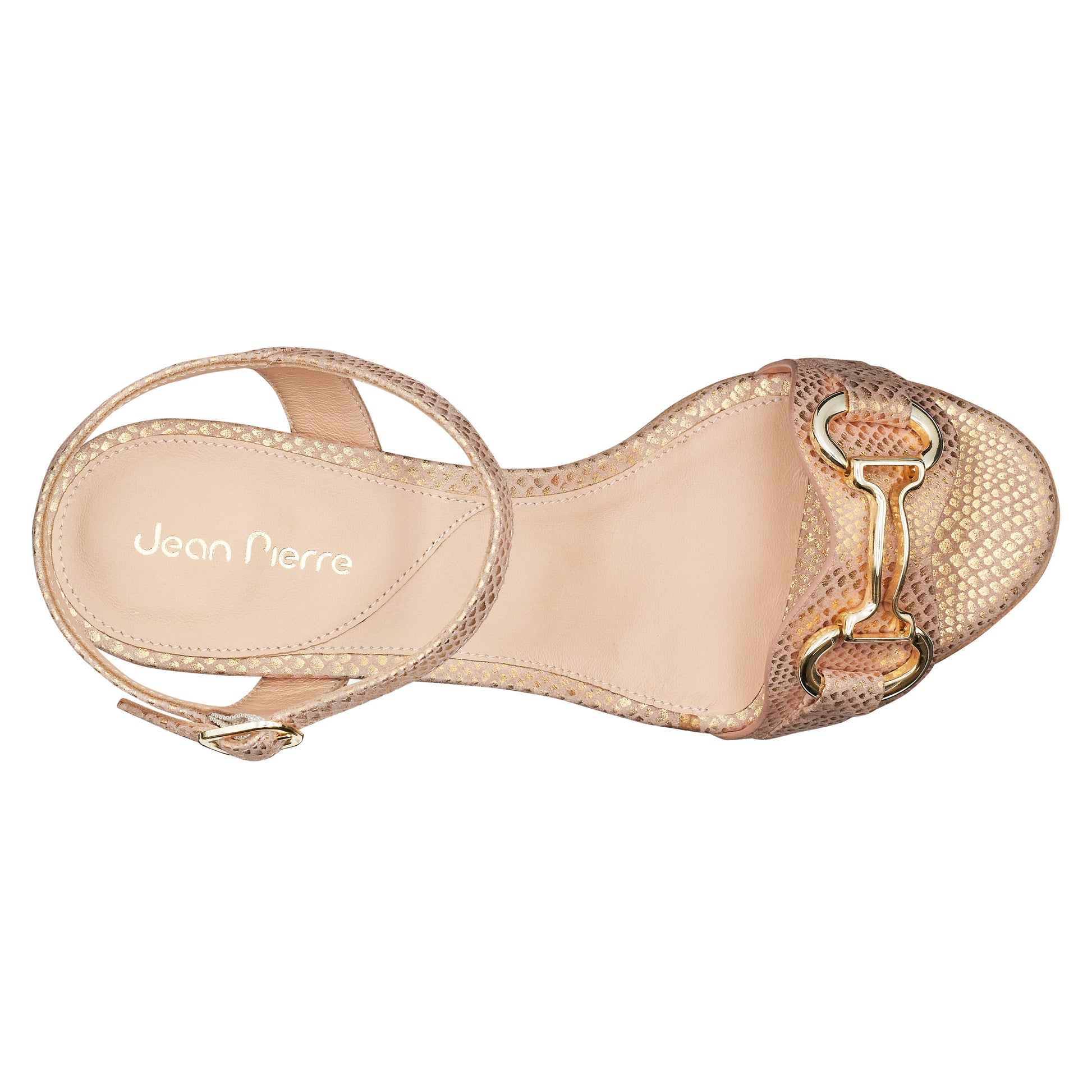 Sandalias color oro rosa de tacón medio con herraje dorado para mujer