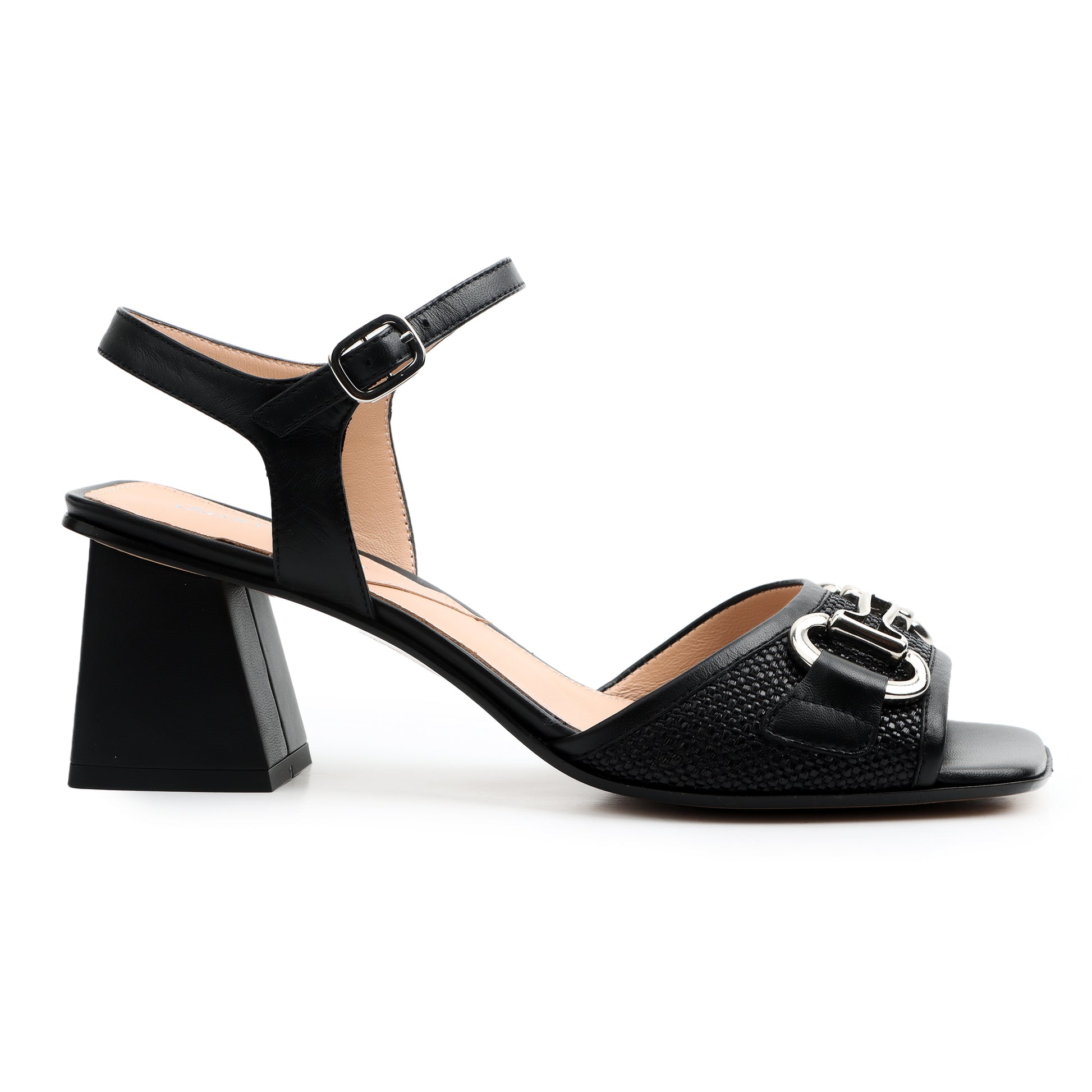 Sandalias de piel negras para mujer con herraje metálico y tacón cuadrado de altura media