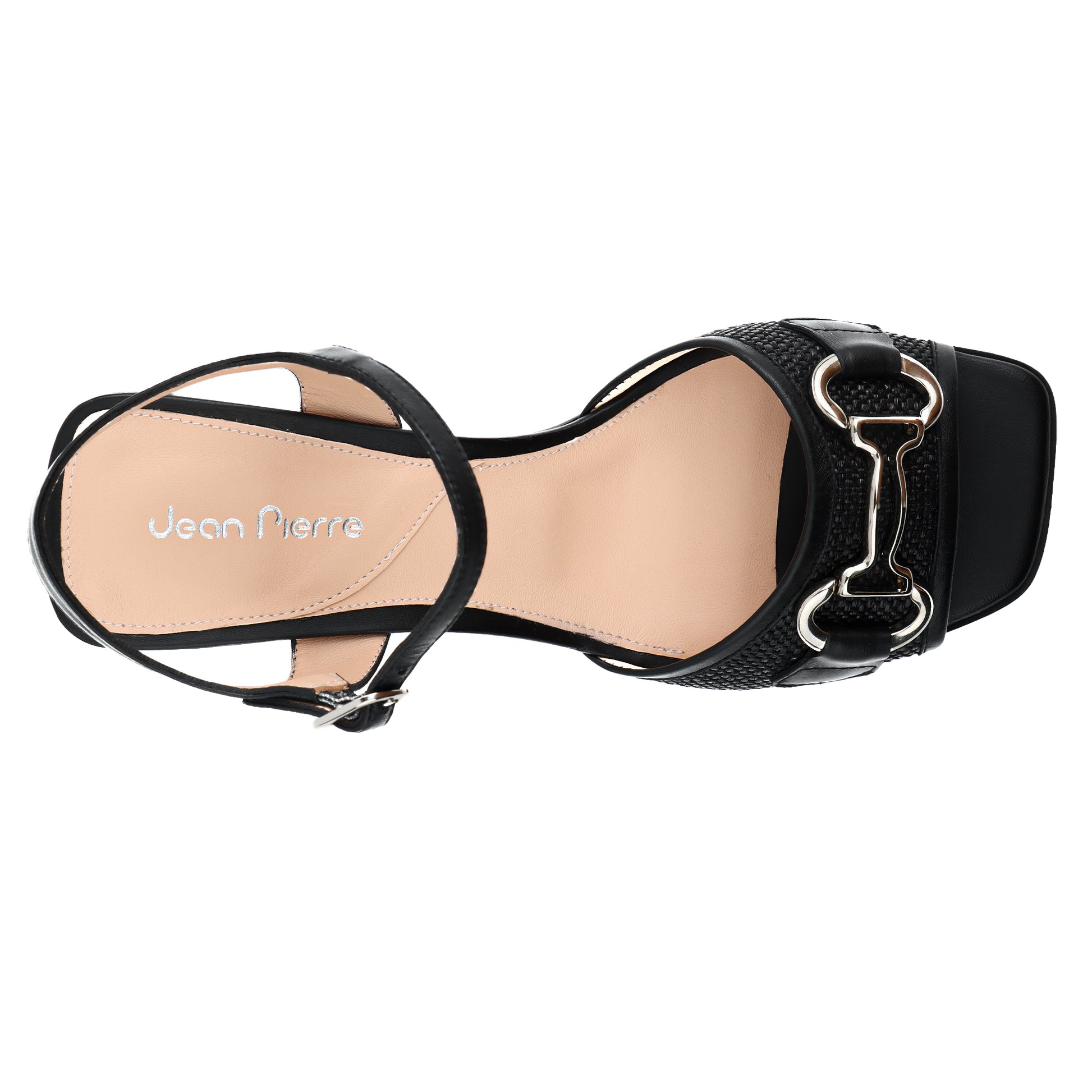 Sandalias de piel negras para mujer con herraje metálico y tacón cuadrado de altura media