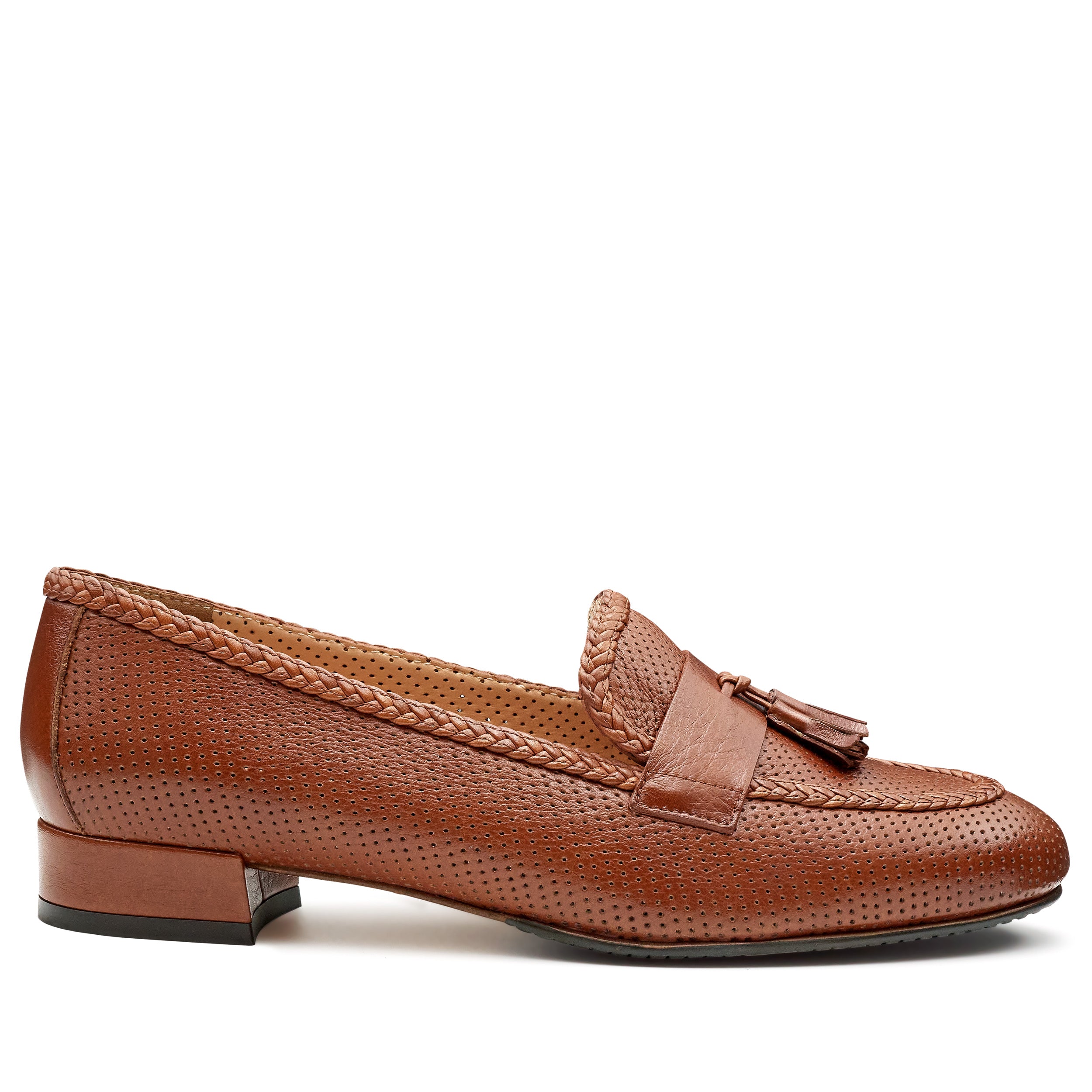 Mocasines de piel troquelada color brandy con borlas para mujer