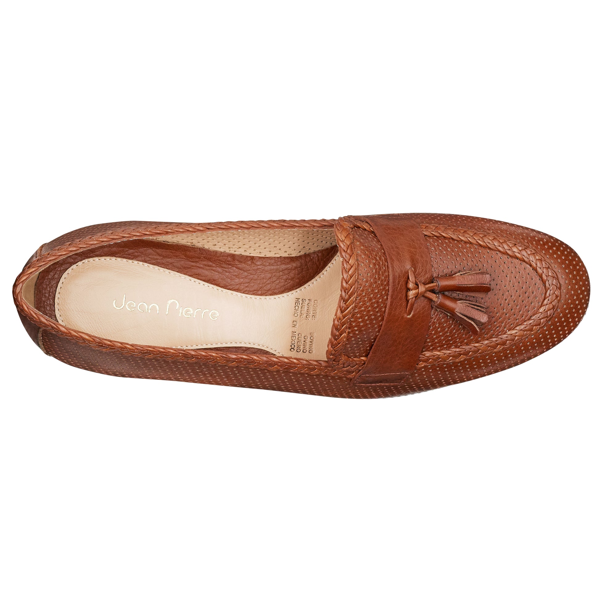Mocasines de piel troquelada color brandy con borlas para mujer