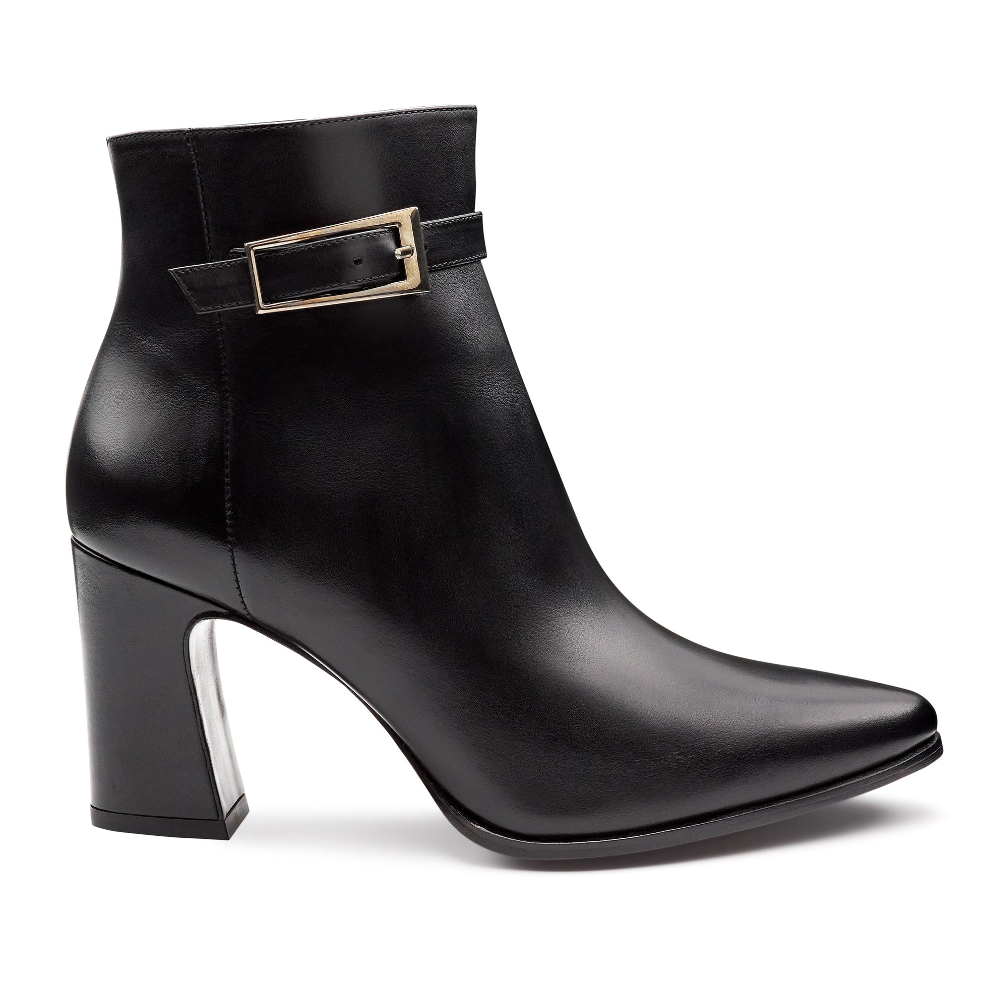 Botines negros de piel con hebilla lateral y tacón alto para dama