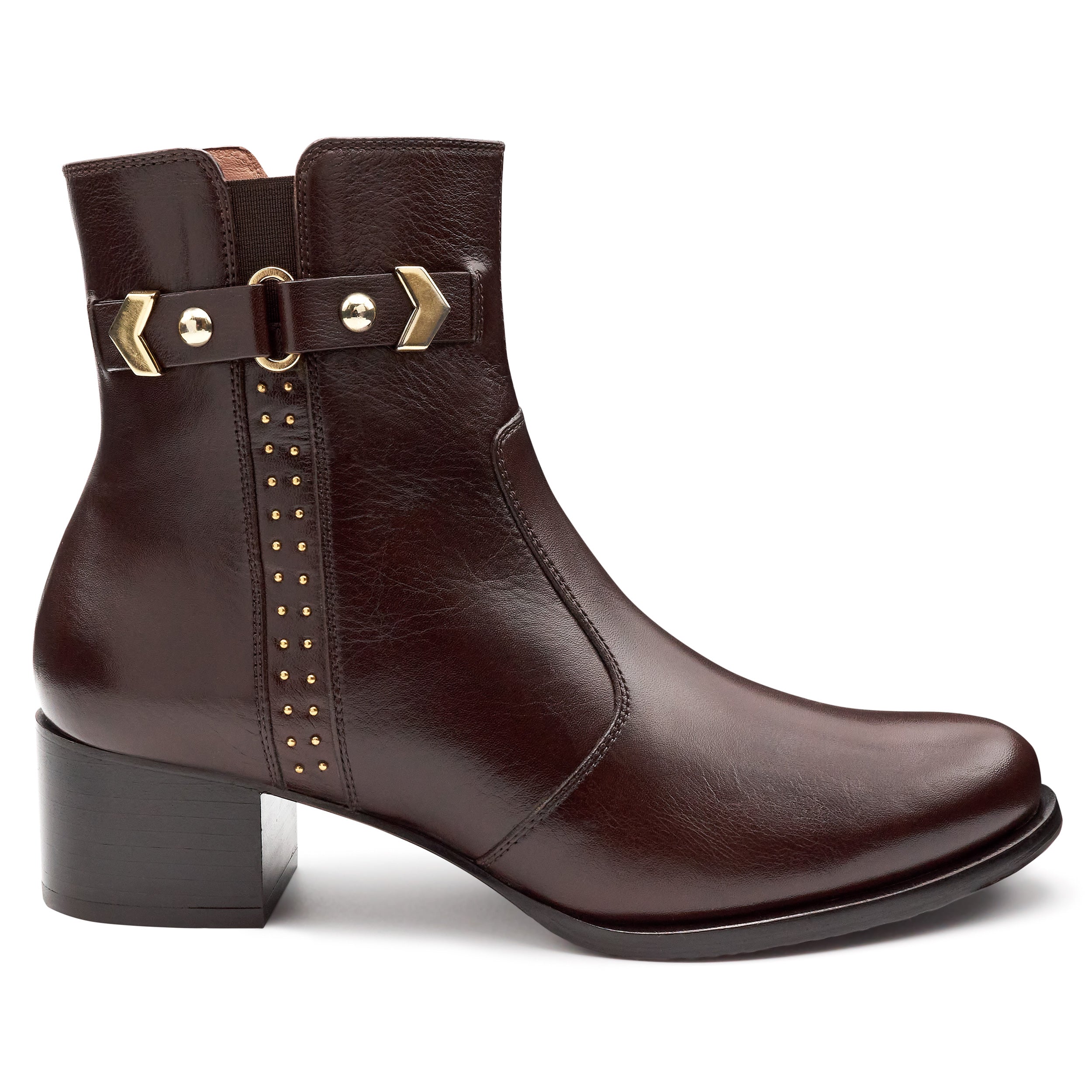 Botines de piel con aplicaciones metálicas y herraje para mujer café