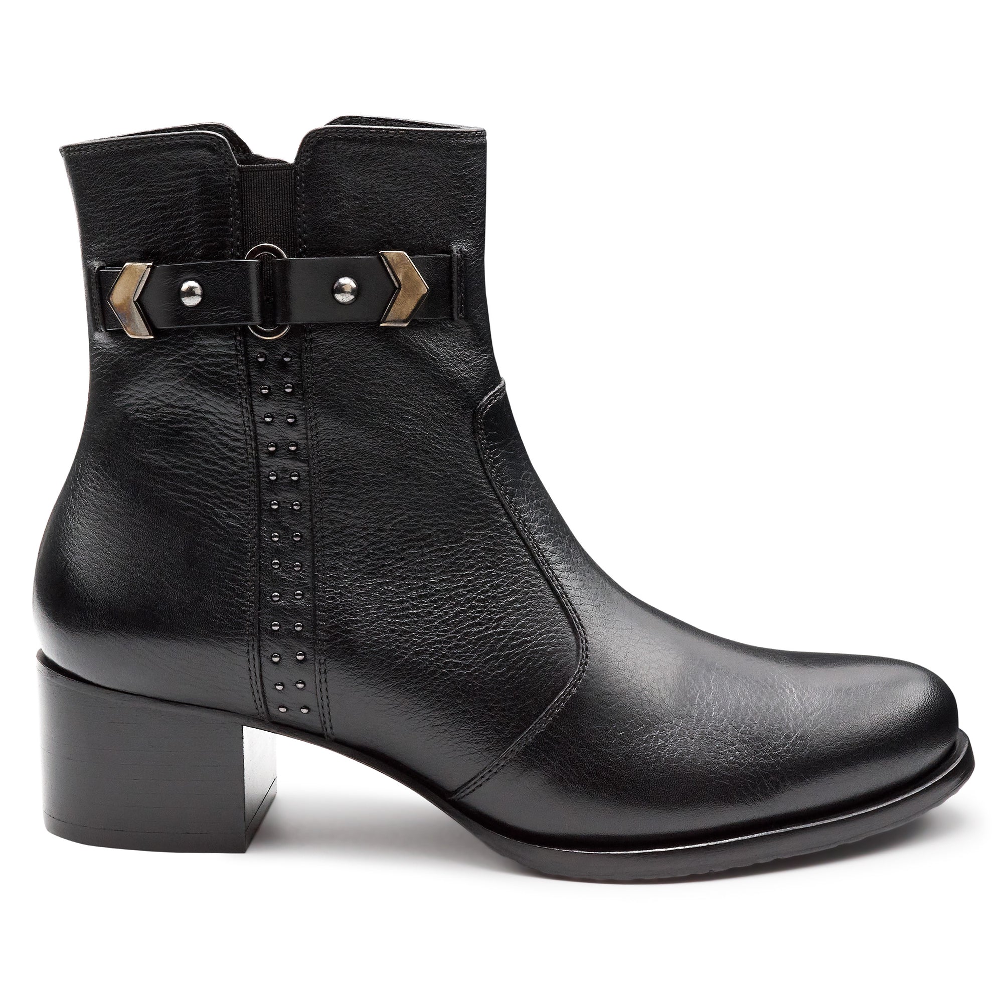 Botines de piel de tacón bajo con aplicaciones metálicas y herraje para mujer