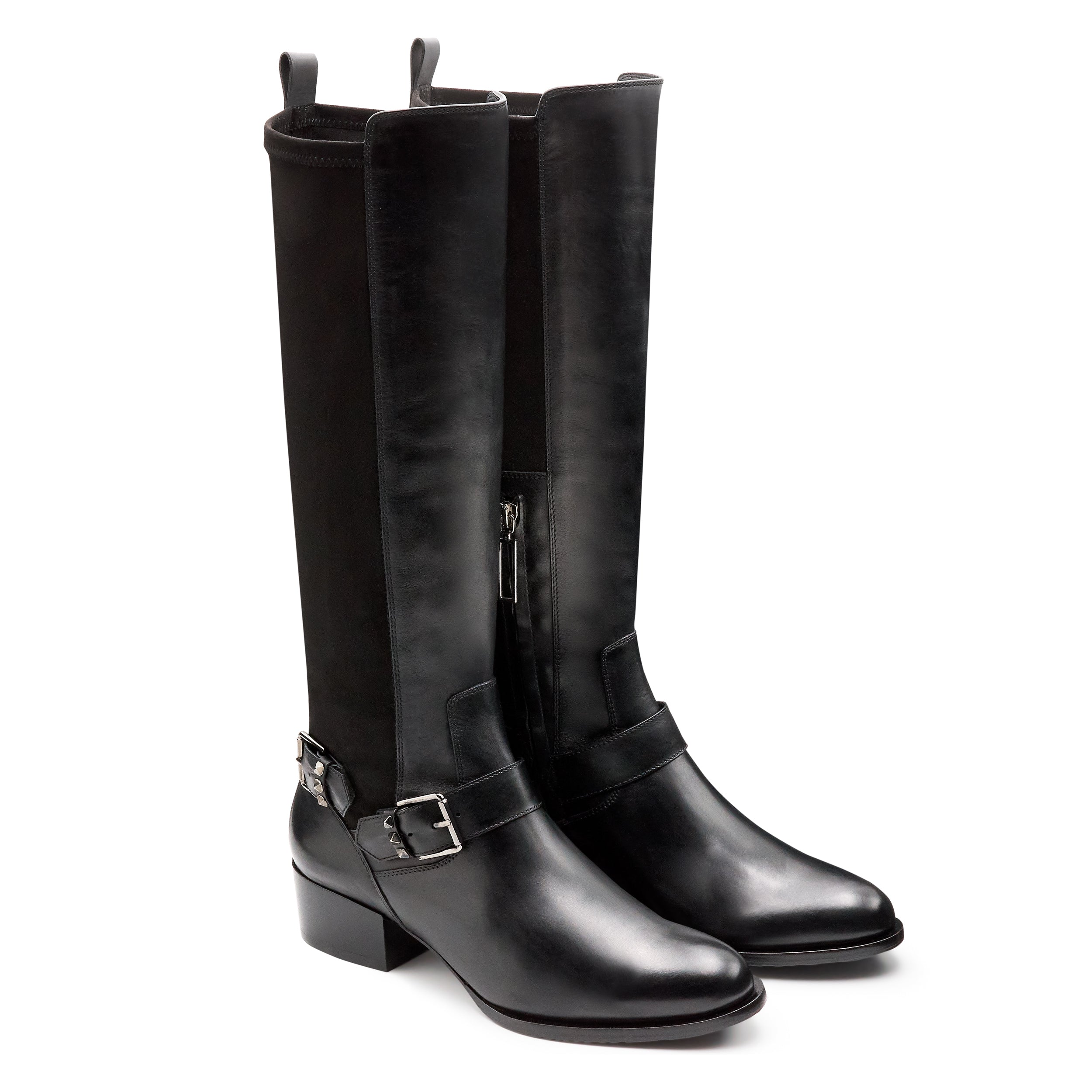 Botas altas de piel y gamuza con tacón bajo para mujer