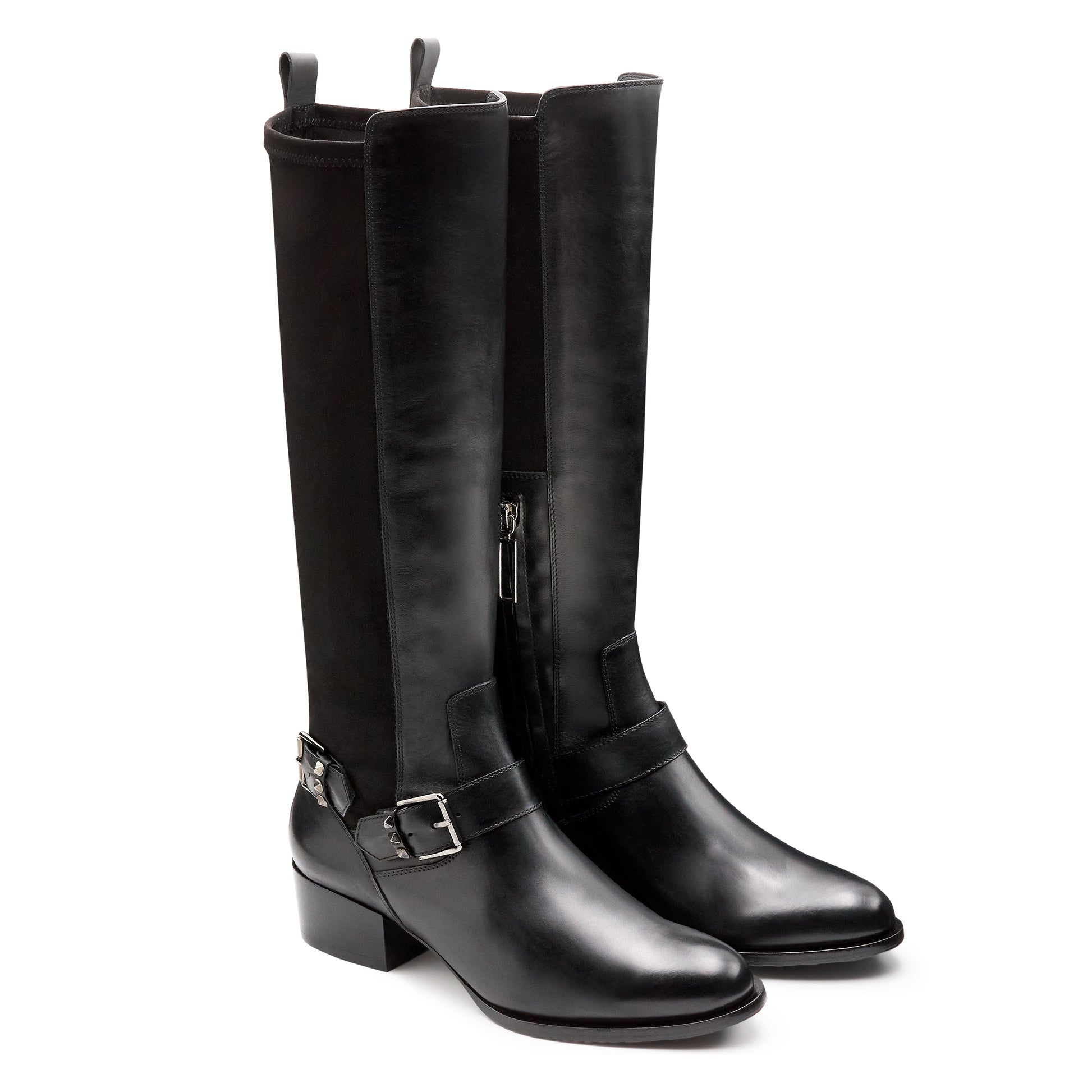 Botas altas de piel y gamuza con tacón bajo para mujer