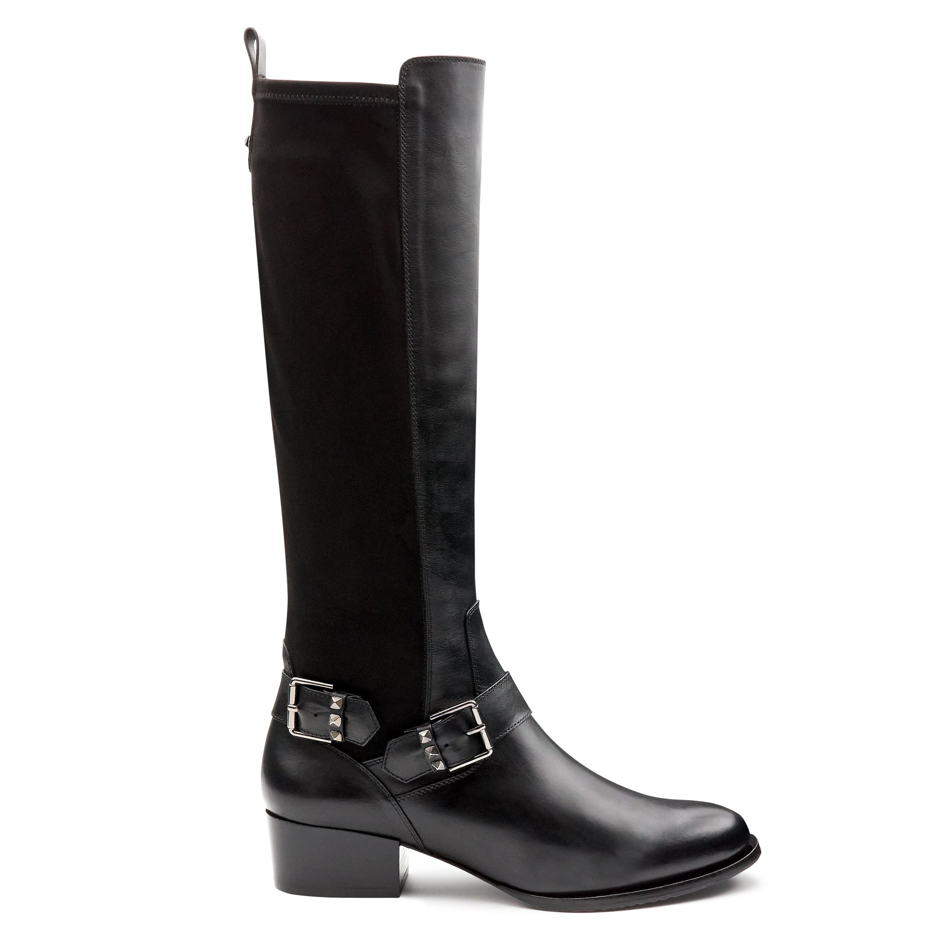Botas altas de piel y gamuza con tacón bajo para mujer