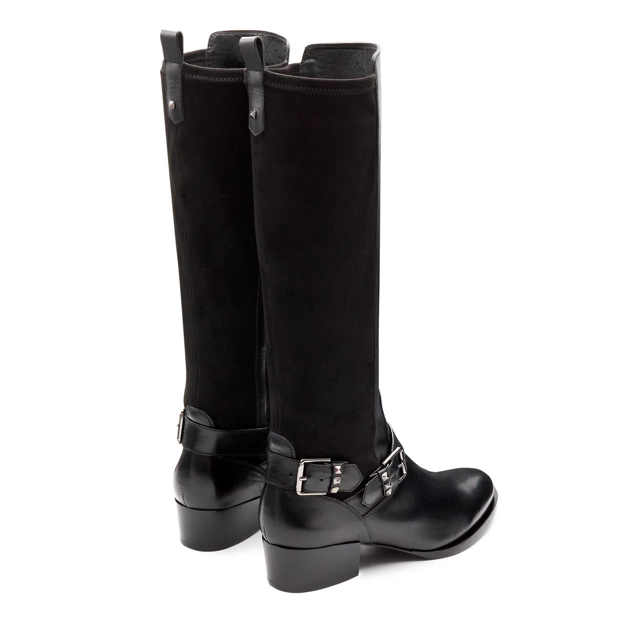 Botas altas de piel y gamuza con tacón bajo para mujer