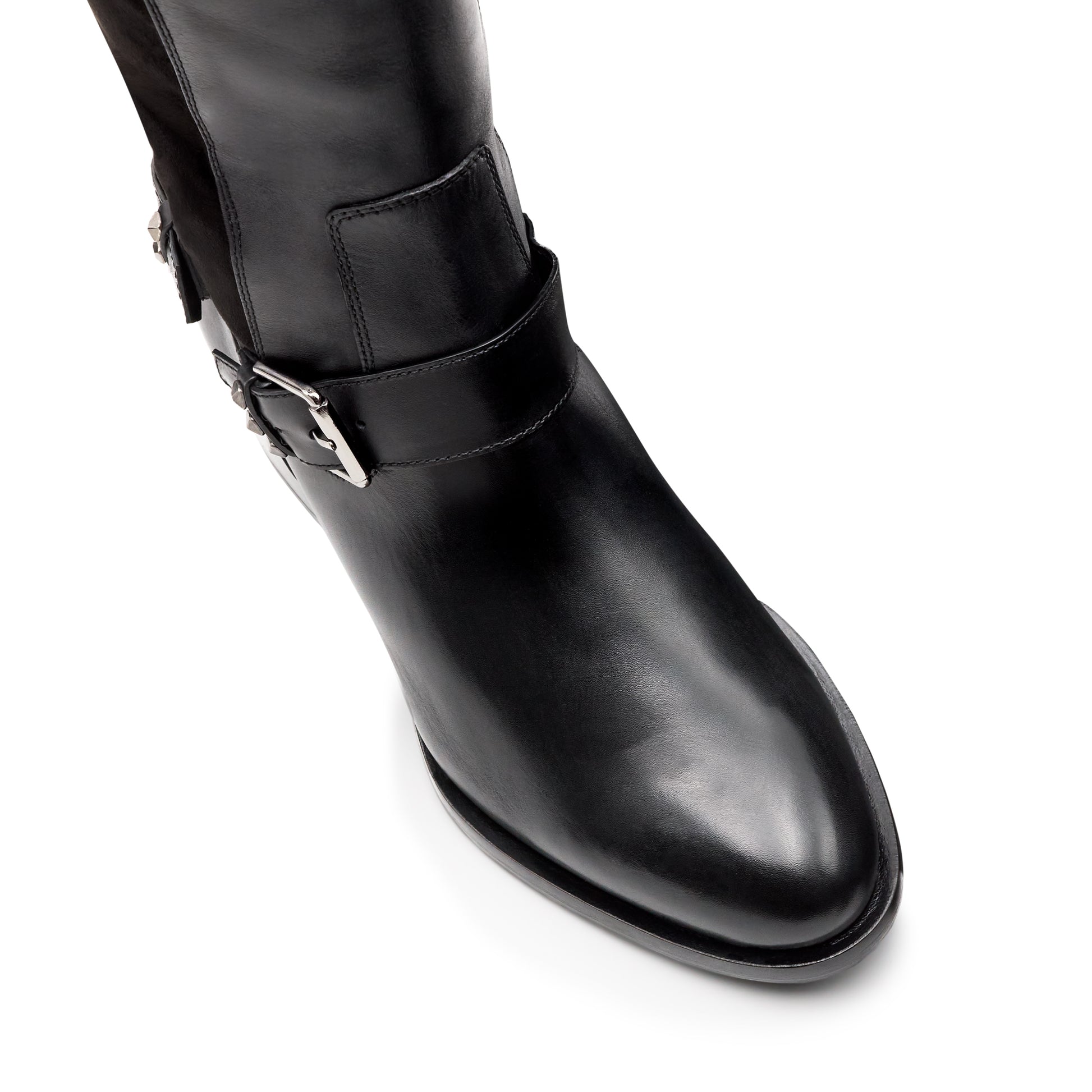 Botas altas de piel y gamuza con tacón bajo para mujer