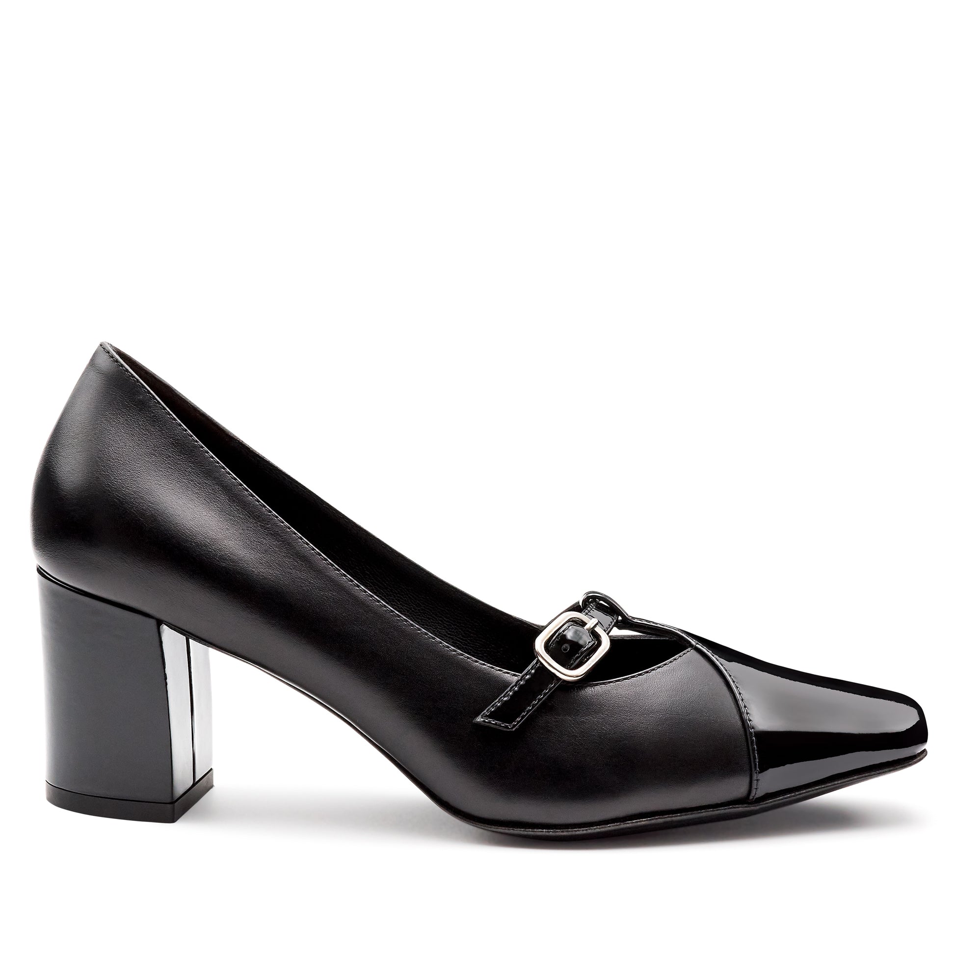 Zapatillas de tacón con punta de charol con correa ajustable  para dama