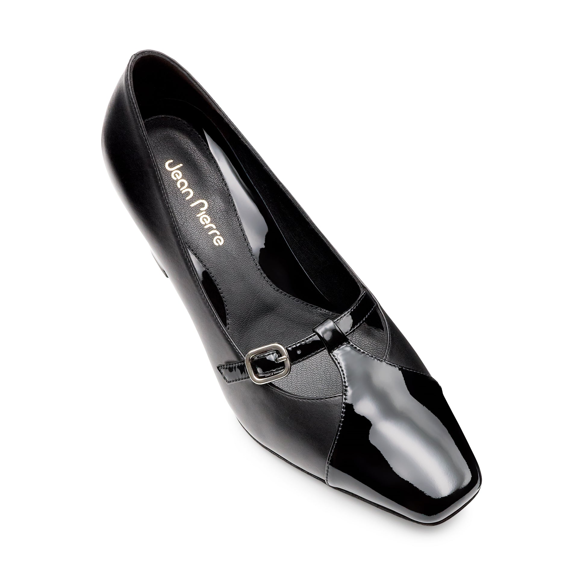 Zapatillas de tacón con punta de charol con correa ajustable  para dama