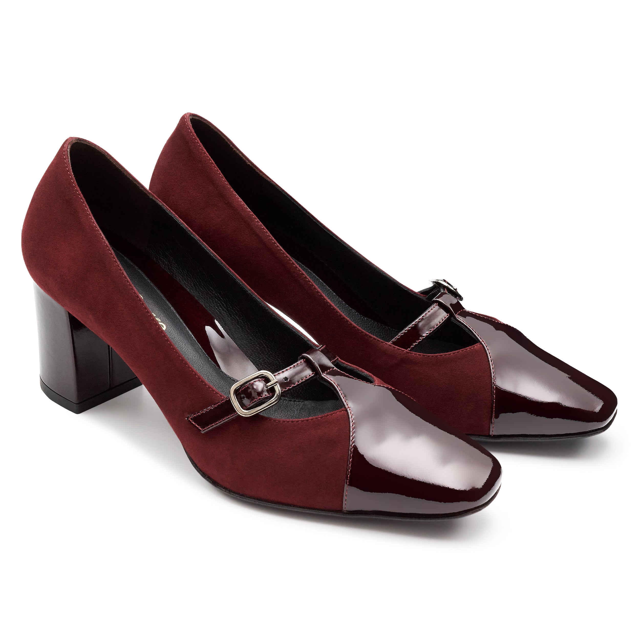 Zapatillas de tacón con punta de charol con correa ajustable  para dama vino