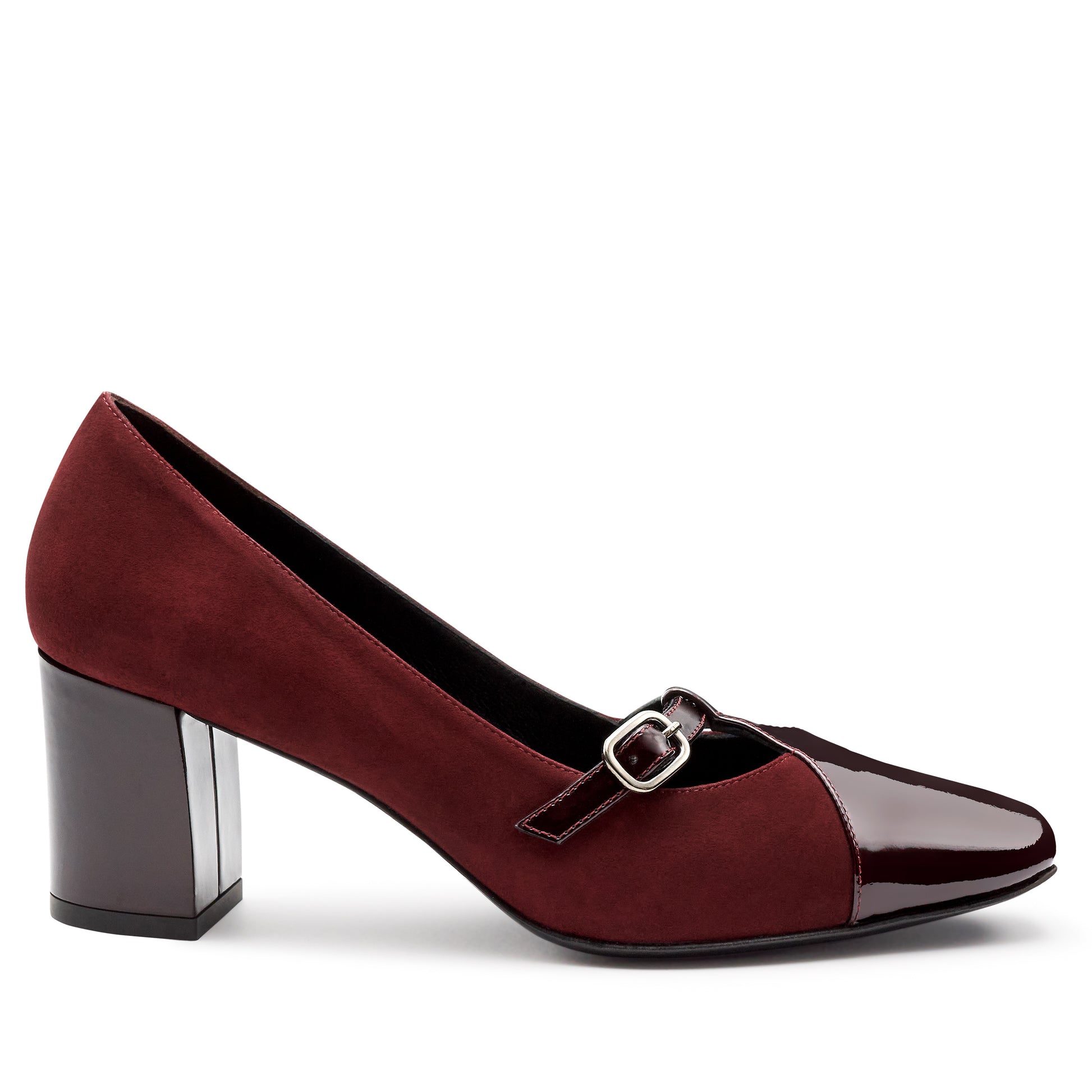 Zapatillas de tacón con punta de charol con correa ajustable  para dama vino