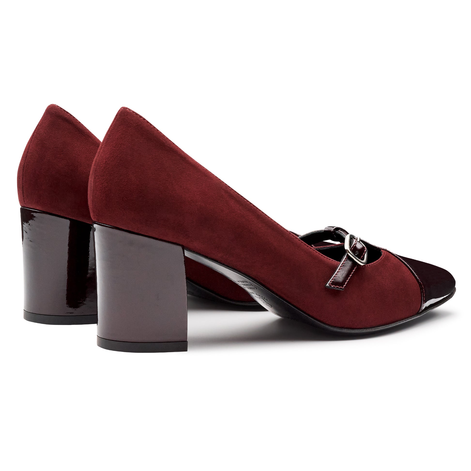 Zapatillas de tacón con punta de charol con correa ajustable  para dama vino