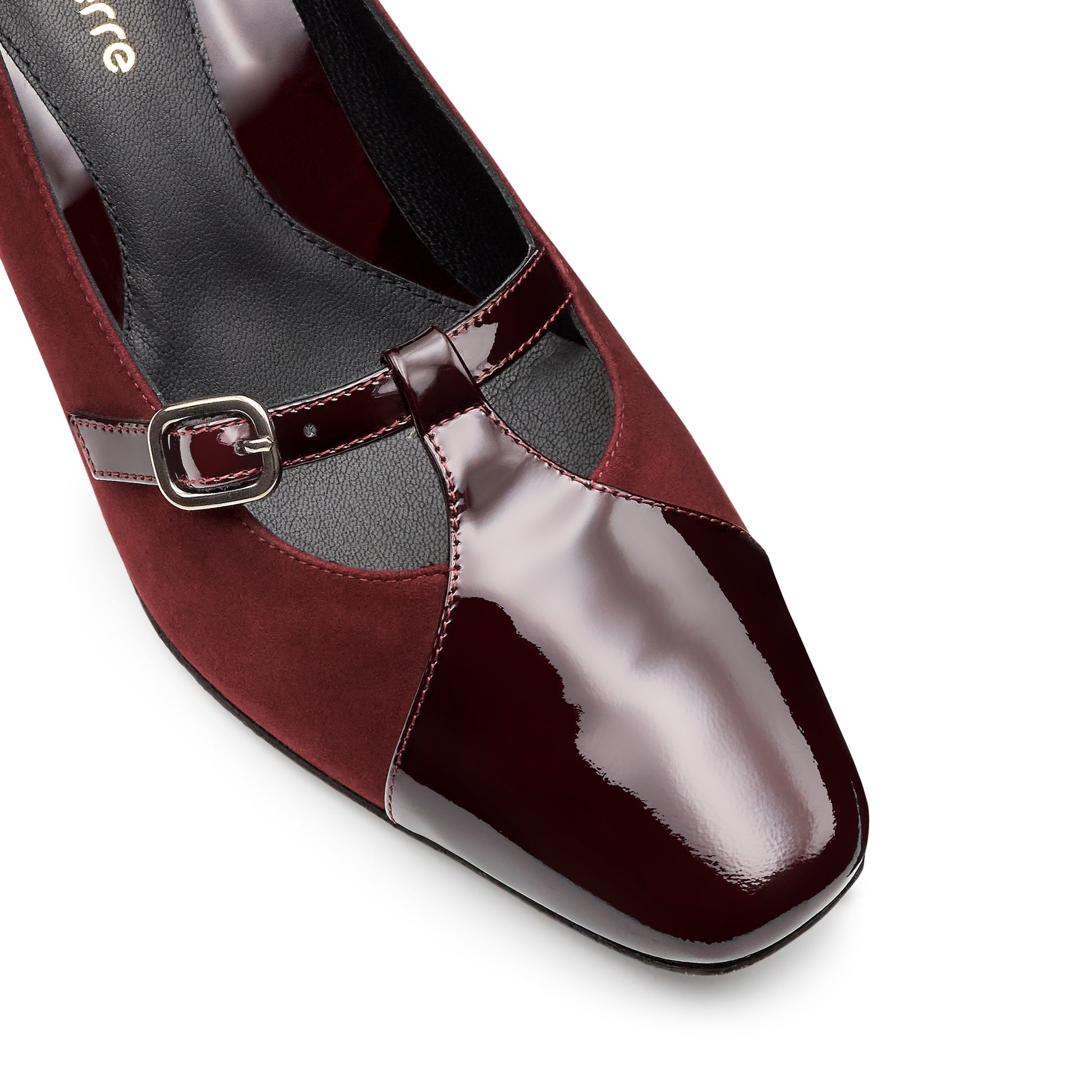 Zapatillas de tacón con punta de charol con correa ajustable  para dama vino