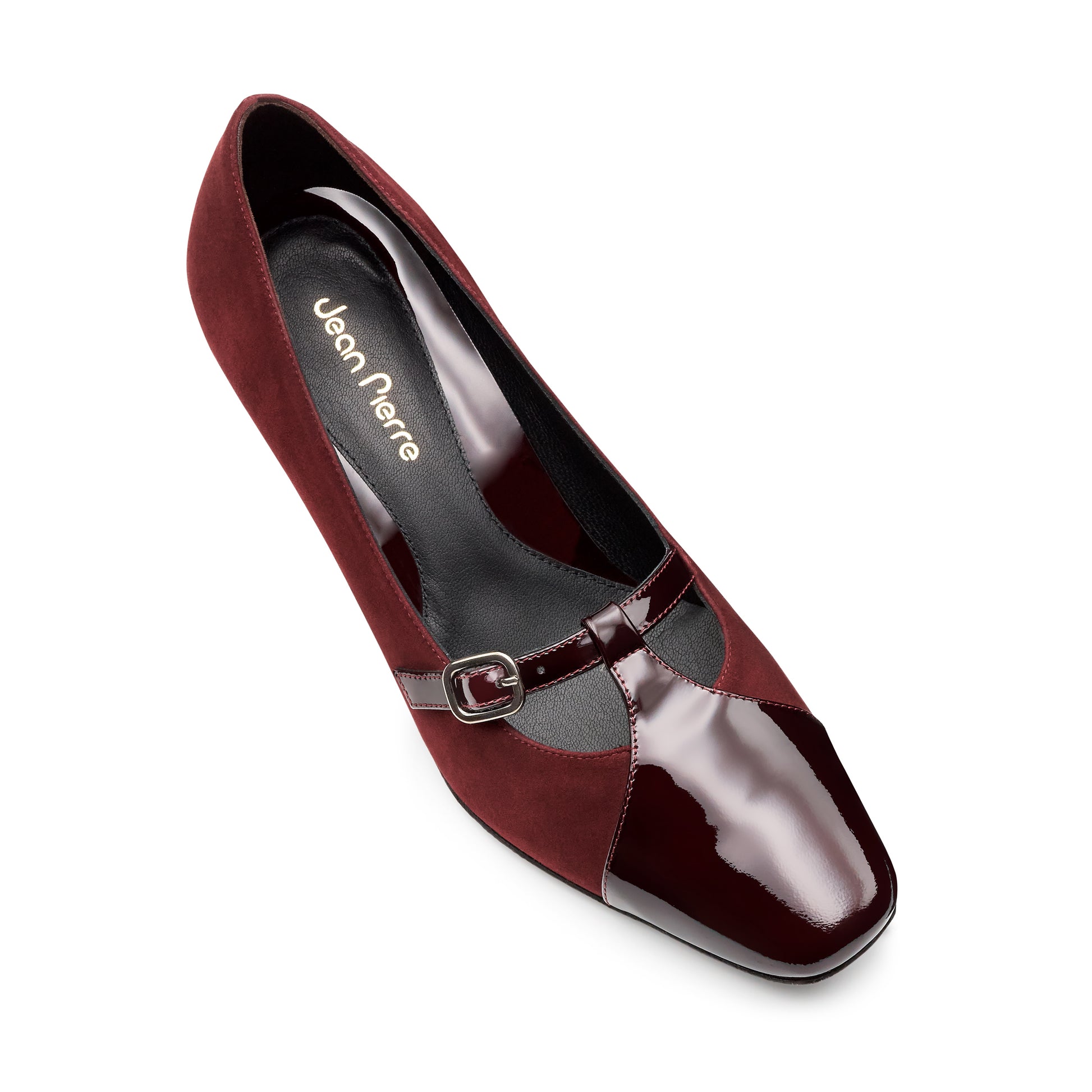 Zapatillas de tacón con punta de charol con correa ajustable  para dama vino