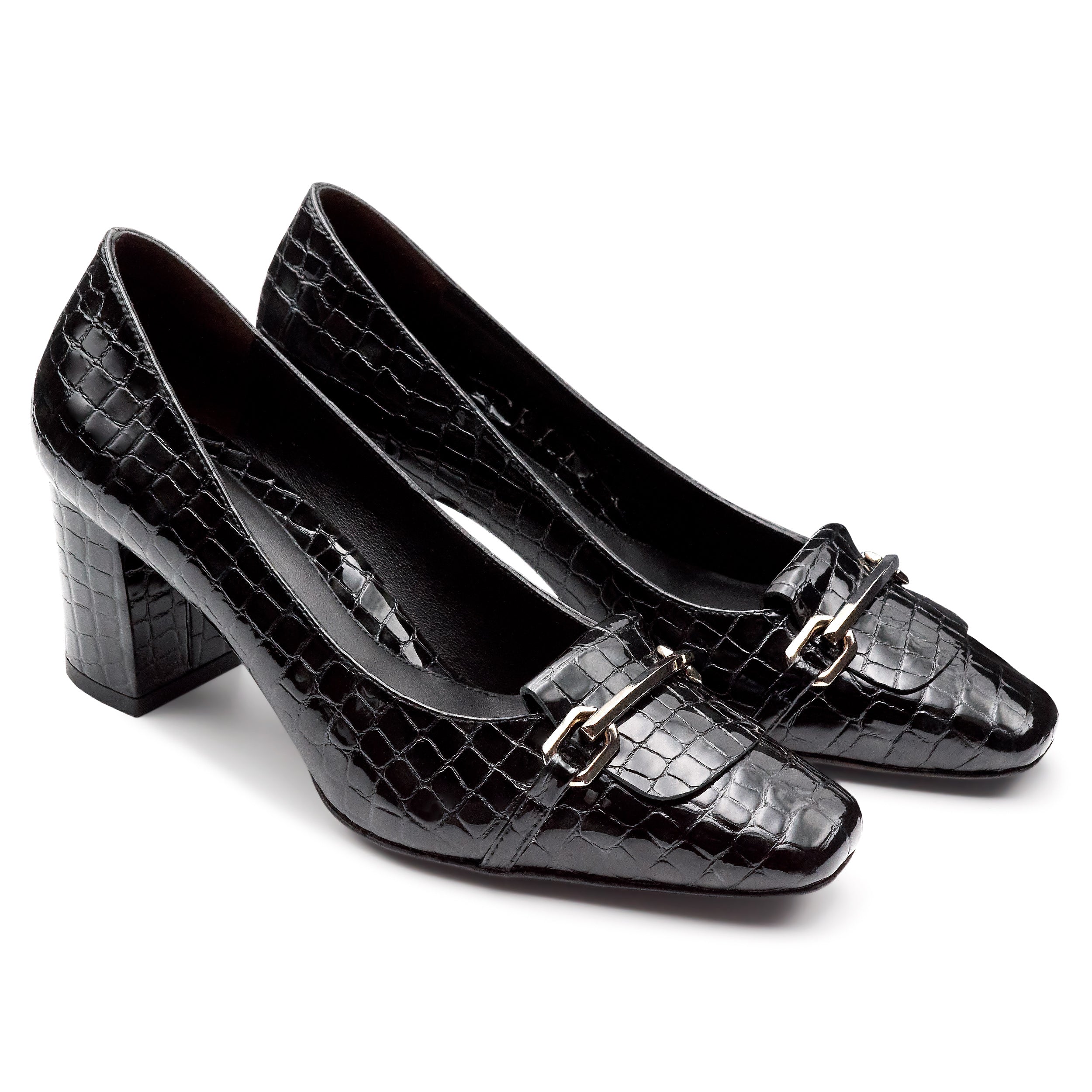 Zapatillas de charol grabado con tacón y herraje metálica para dama