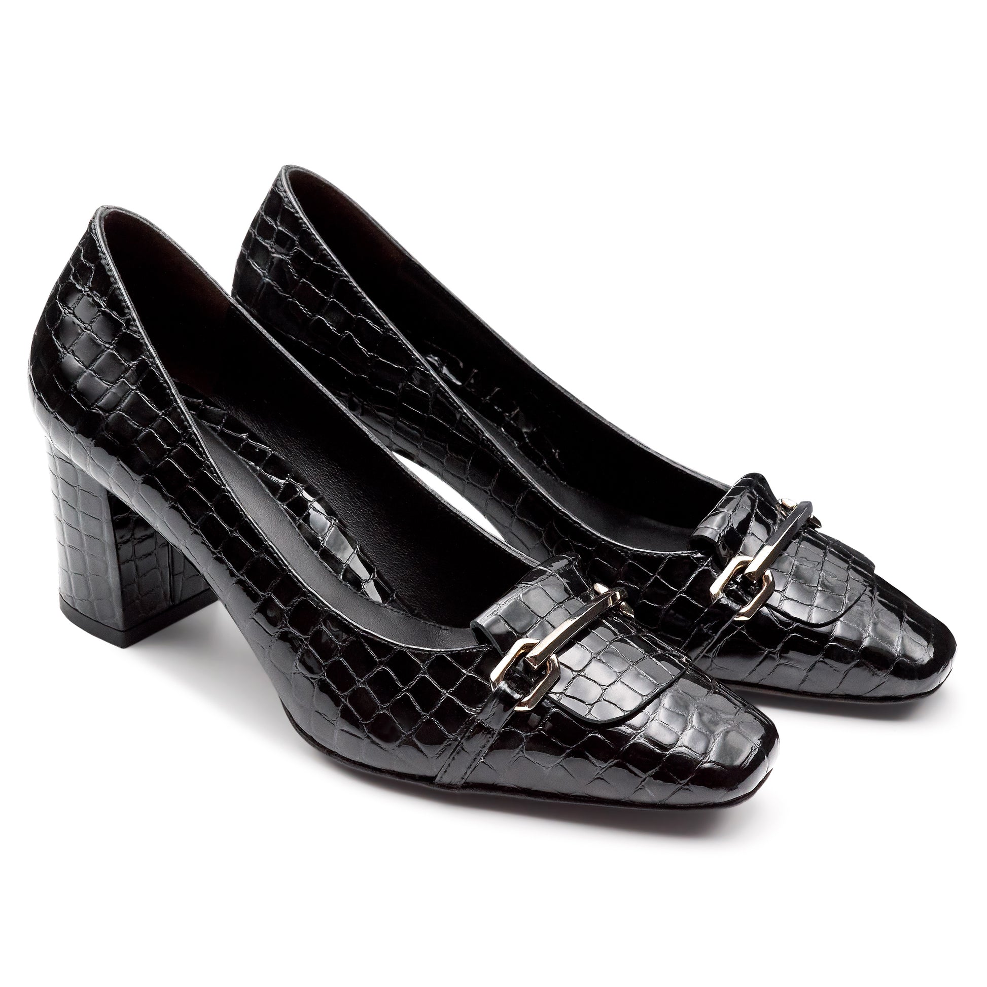 Zapatillas de charol grabado con tacón y herraje metálica para dama
