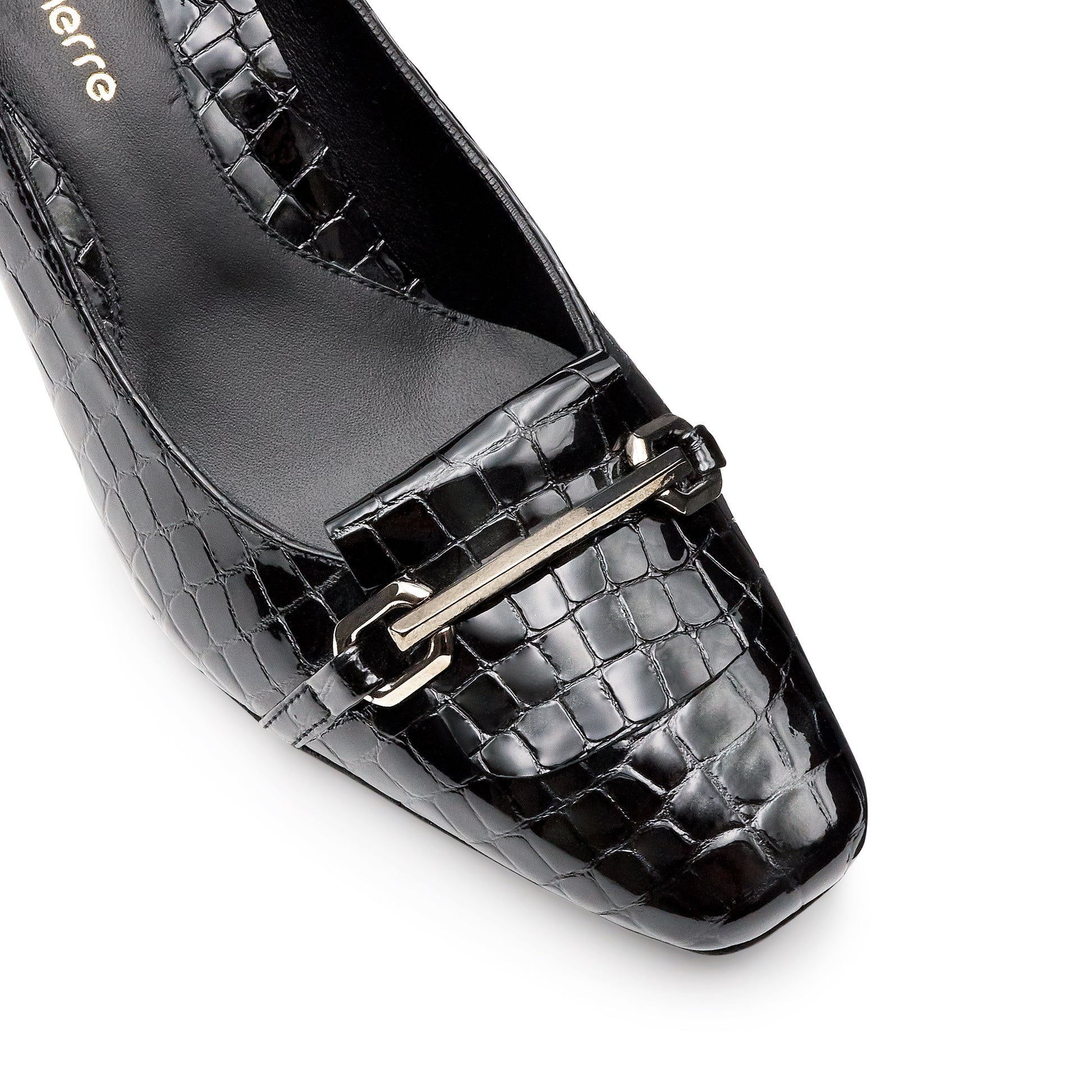 Zapatillas de charol grabado con tacón y herraje metálica para dama