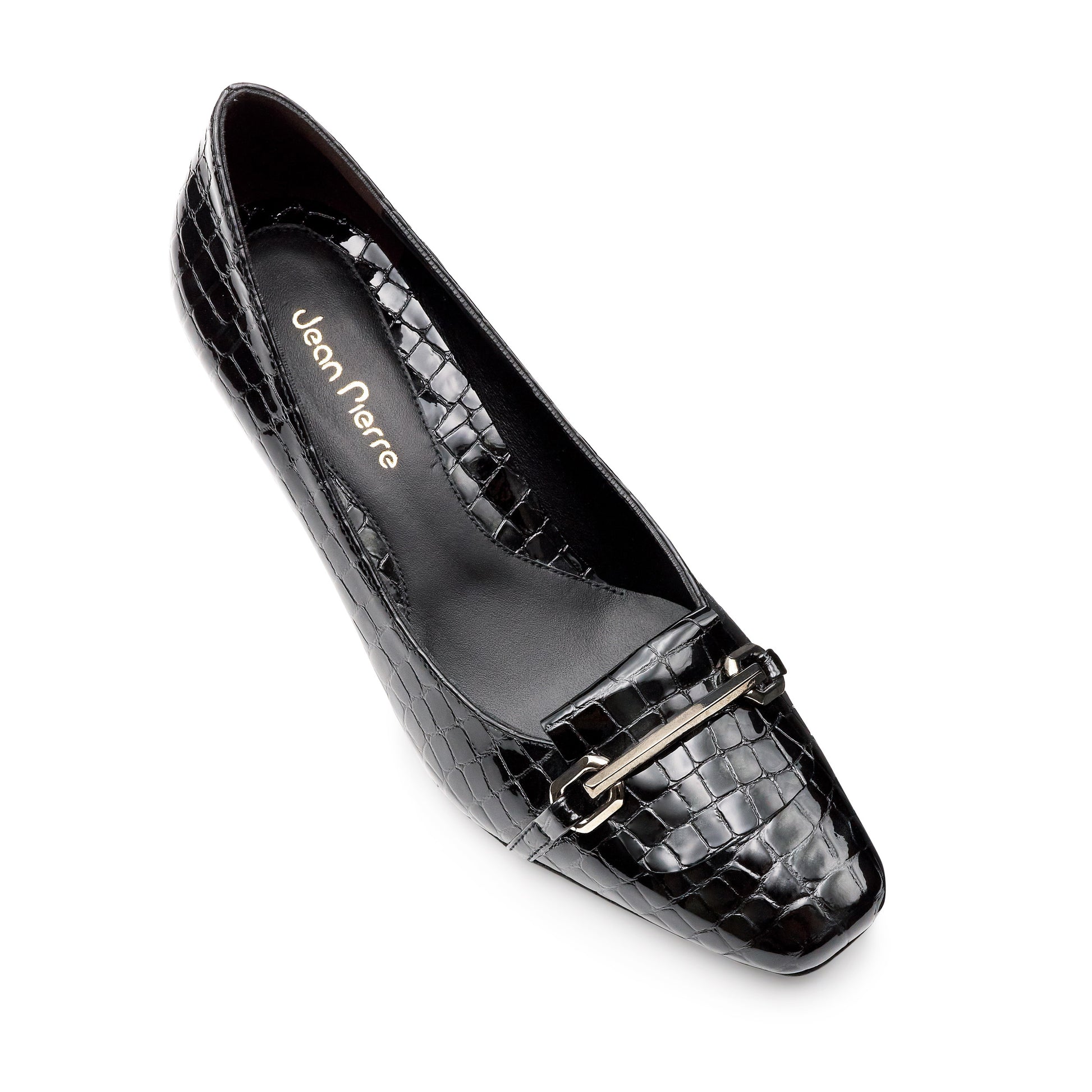 Zapatillas de charol grabado con tacón y herraje metálica para dama