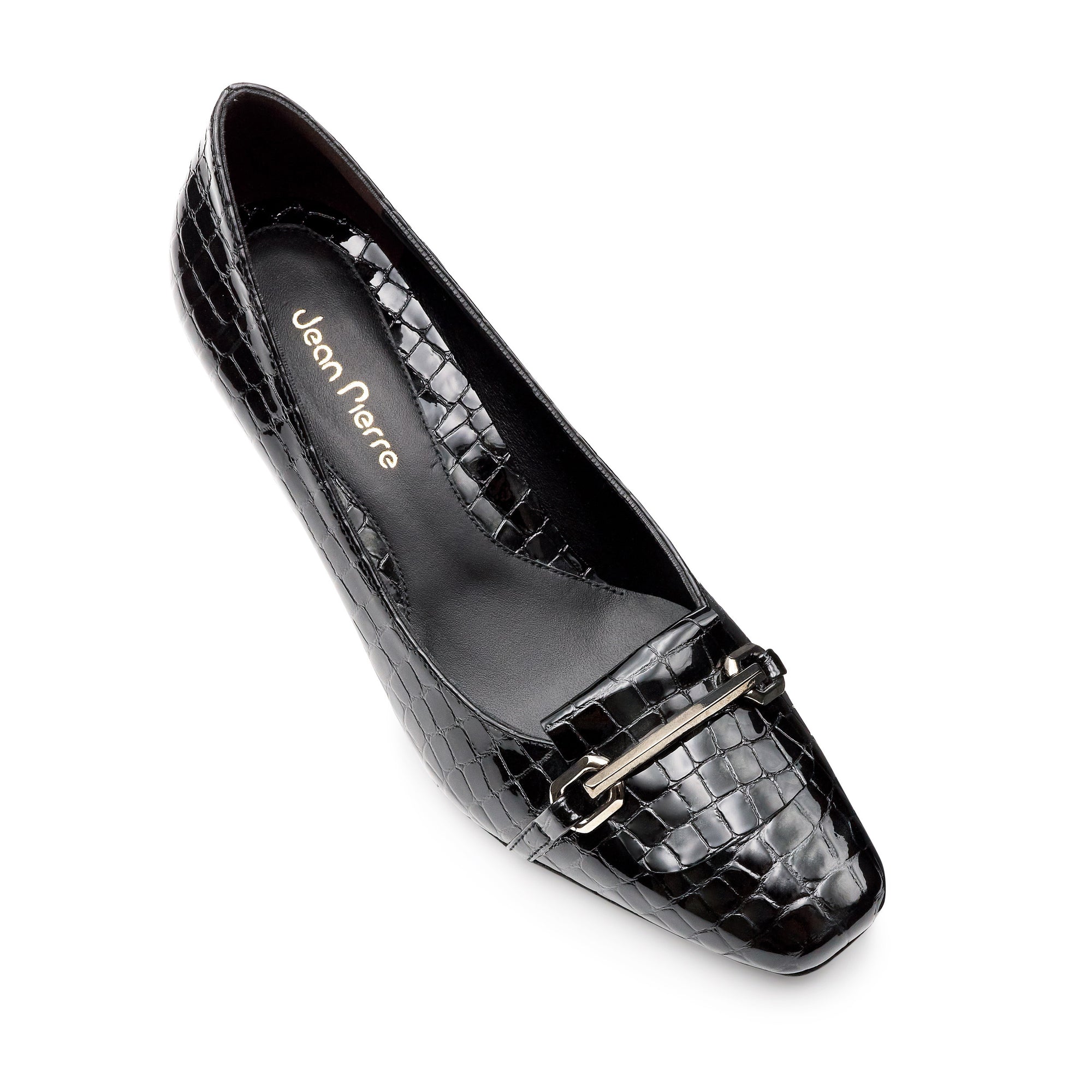 Zapatillas de charol grabado con tacón y herraje metálica para dama