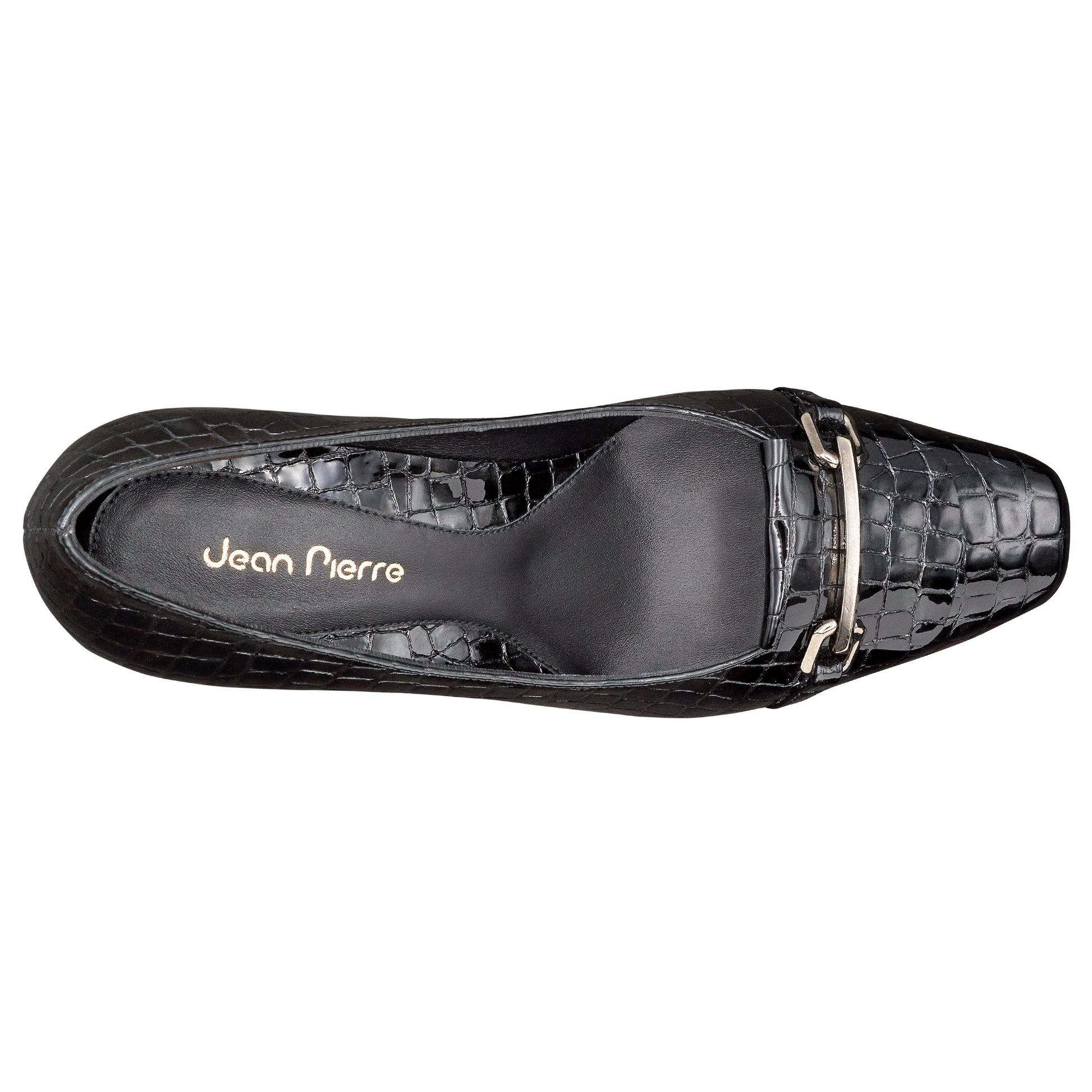 Zapatillas de charol grabado con tacón y herraje metálica para dama